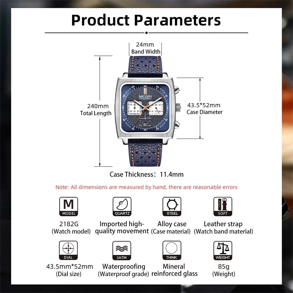 KingFurt MEGIR Liquid Blue Square Dial Quartz Watch - Luminous, Date Display - Men's Leather Watch