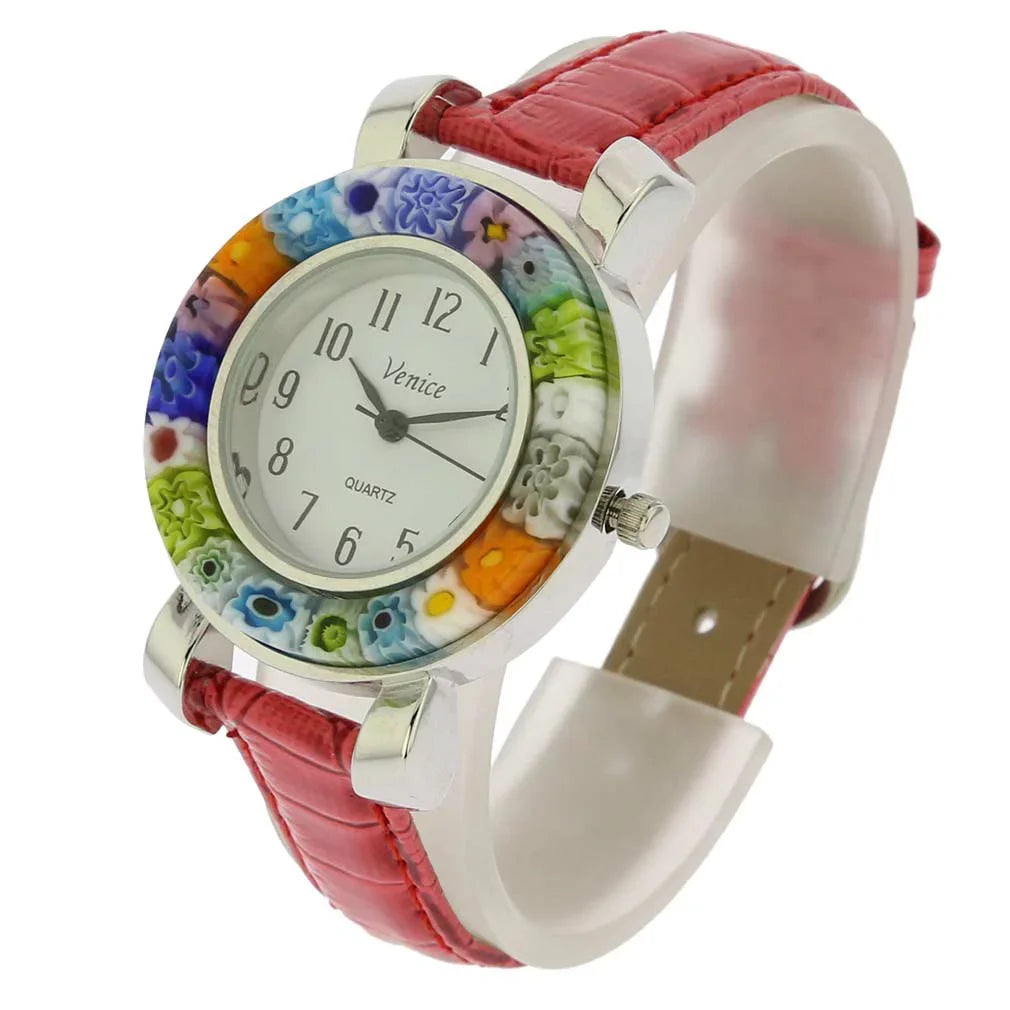 GlassOfVenice Serena Murano Millefiori Watch With Leather Band - Red