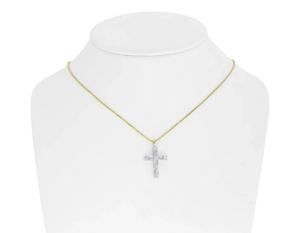 14k Yellow Gold Round Baguette Diamond Mini Cross (0.50 ct)