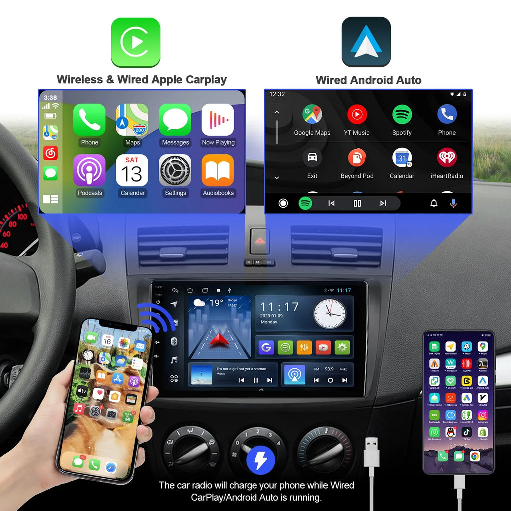 Android 10 Double Din Car stereo for Mazda 3 2010 2011 2012 2013 with 9 Inch Display Radio Built-in Wireless Carplay/Android Auto/GPS/Bluetooth/FM/AUX-in/Steering Wheel Control Backup Camera 2+32G