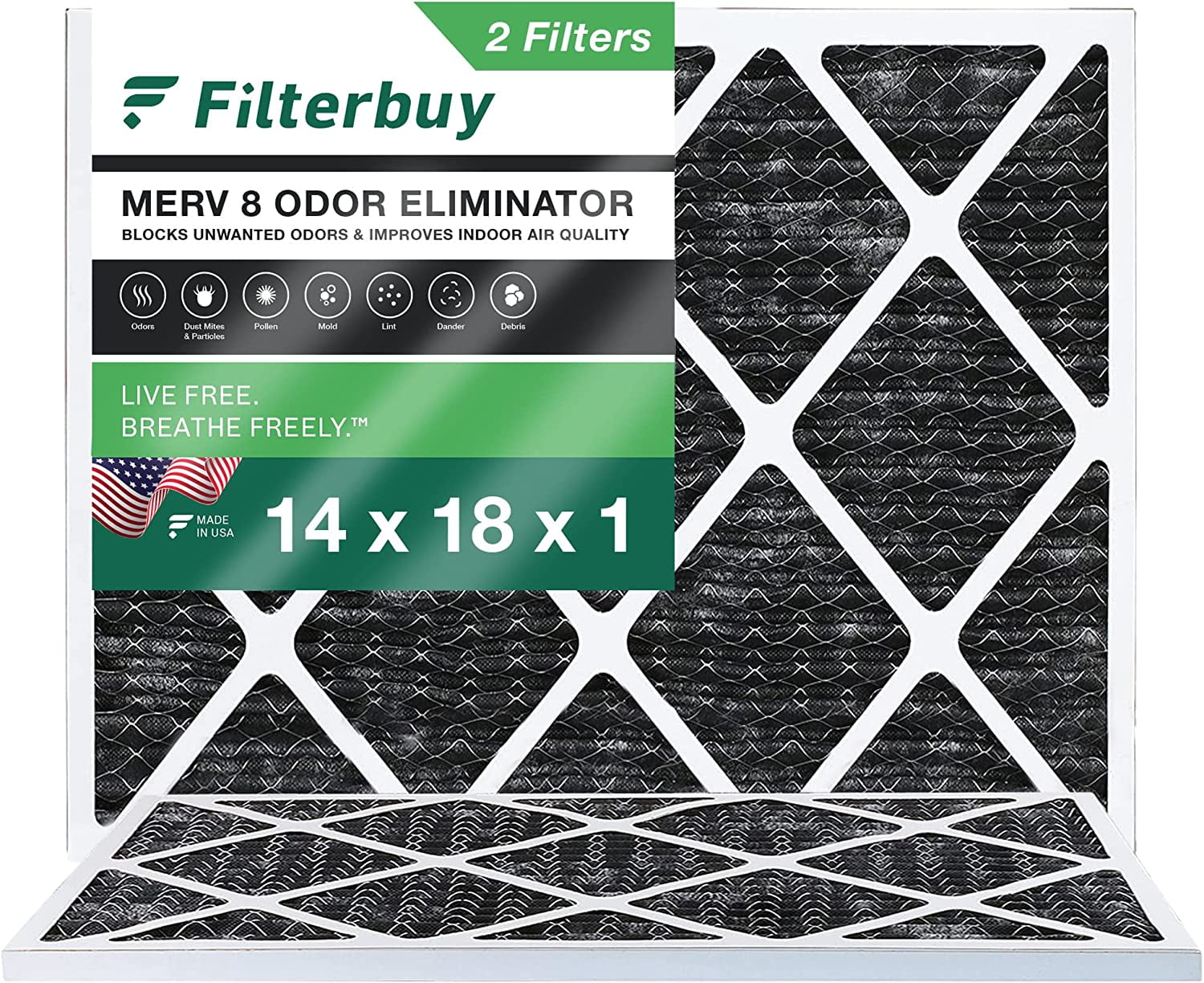 Filterbuy 14x18x1 MERV 8 Odor Eliminator Pleated HVAC AC Furnace Air Filters with Activated Carbon (2-Pack)