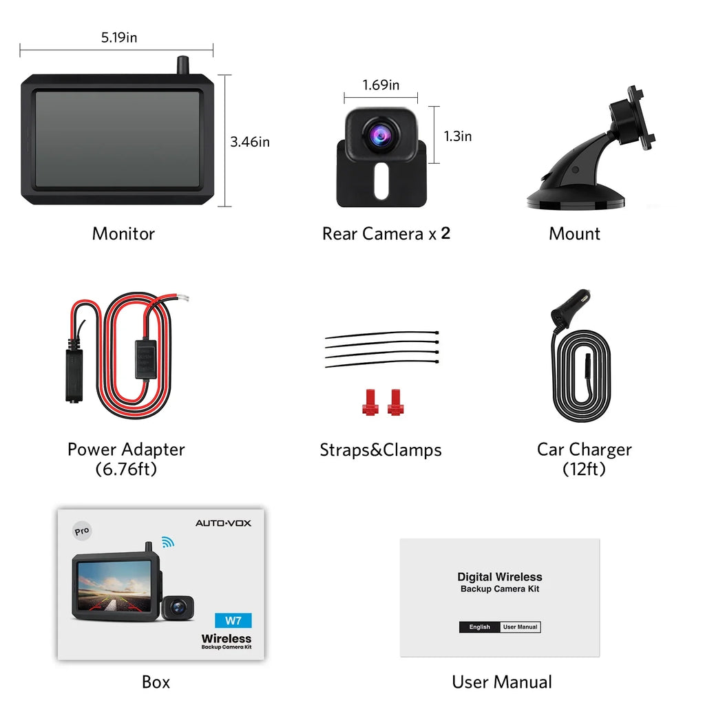 Digital Wireless Backup Camera System With 2 Cameras, IP68 Liquid Wireless Rear View Camera 2 Channels Reversing System for Car