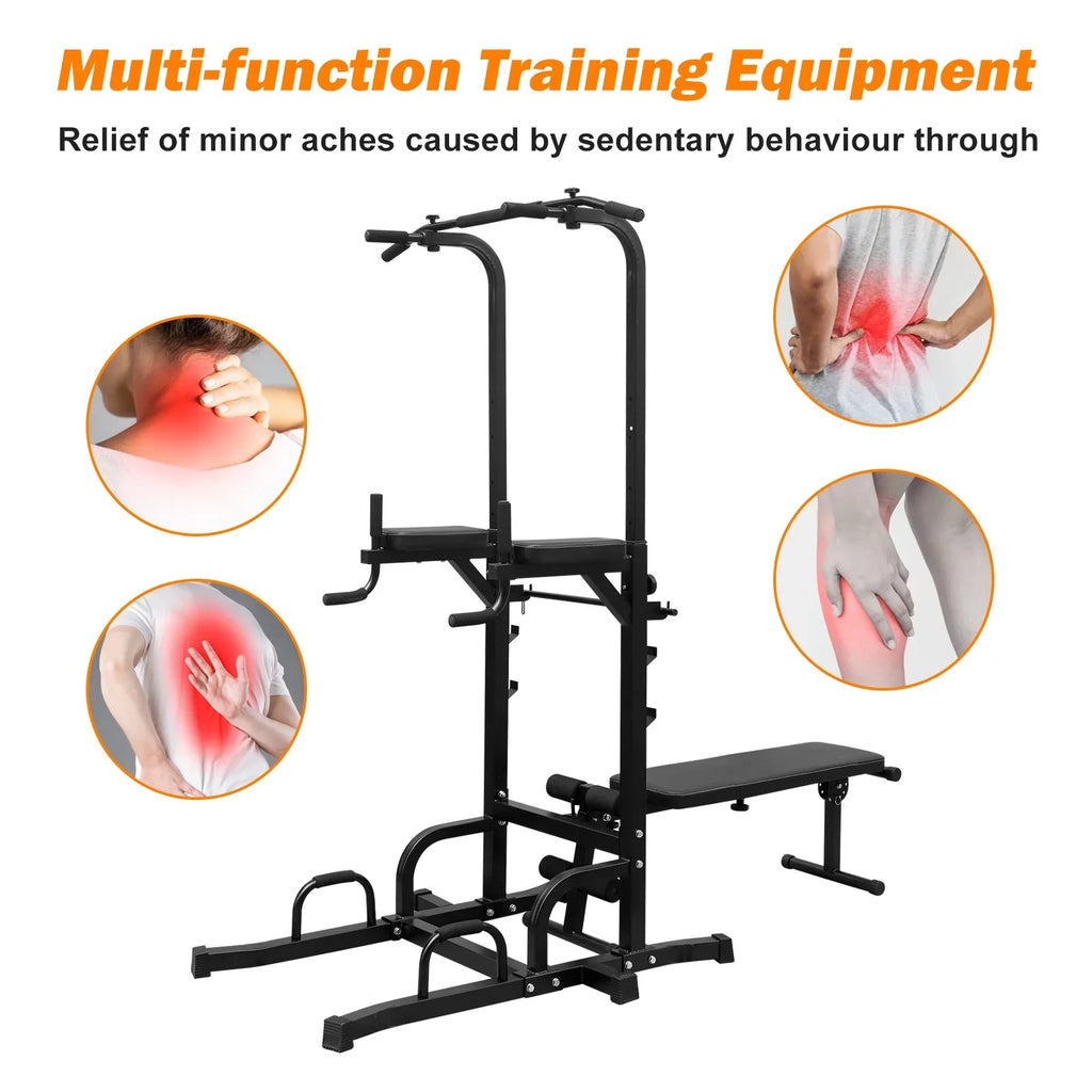 Power Tower Dip Station with Bench Pull Up Bar Stand Adjustable Height Heavy Duty Multi-Function Fitness Training Equipment for Home Office Gym,Steel