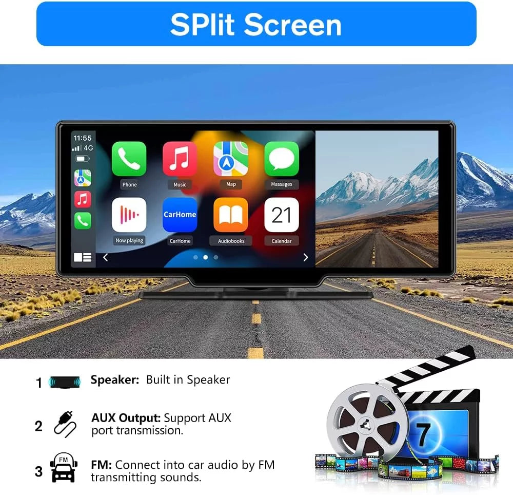 Awesafe 10.25 Inch IPS Touch Monitor Wireless Carplay Android Auto Bluetooth Unit Portable Car Radio Stereo with 1080p Backup Camera DVR GPS Navigator AirPlay AUX/FM Googel Siri