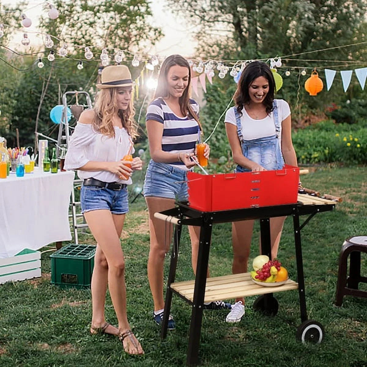 27 Inch Portable Charcoal Grill with Wheels for Outdoor Cooking Barbecue Camping BBQ Coal Grill Heavy Duty Square for Small Patio Backyard