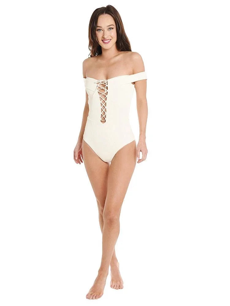 L*Space CREAM Ridin' High Anja Lace-Up Bandeau One Piece Swimsuit, US 12
