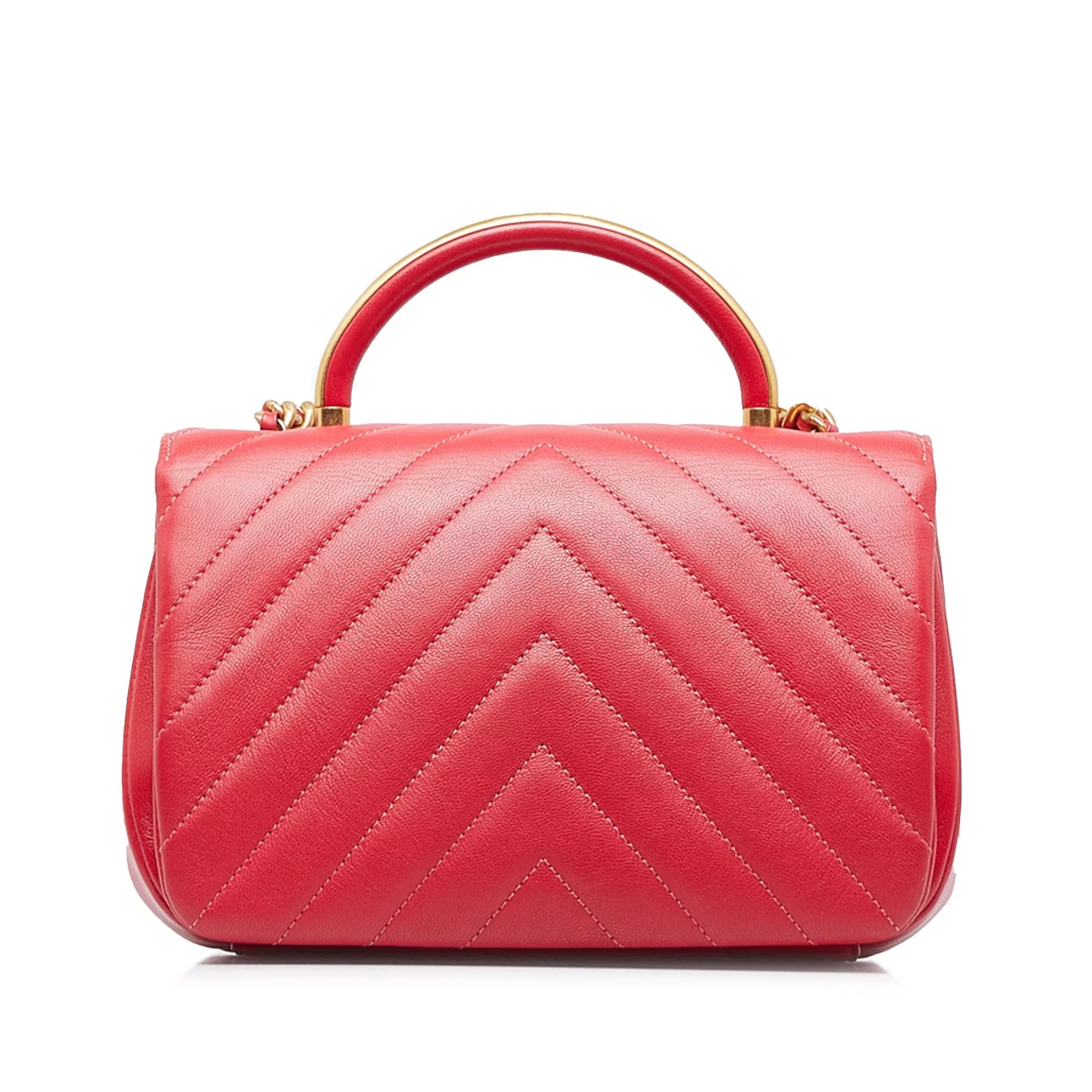 Pre-Owned Authenticated Chanel CC Chevron Flap Satchel Lambskin Leather Red Unisex (Good)