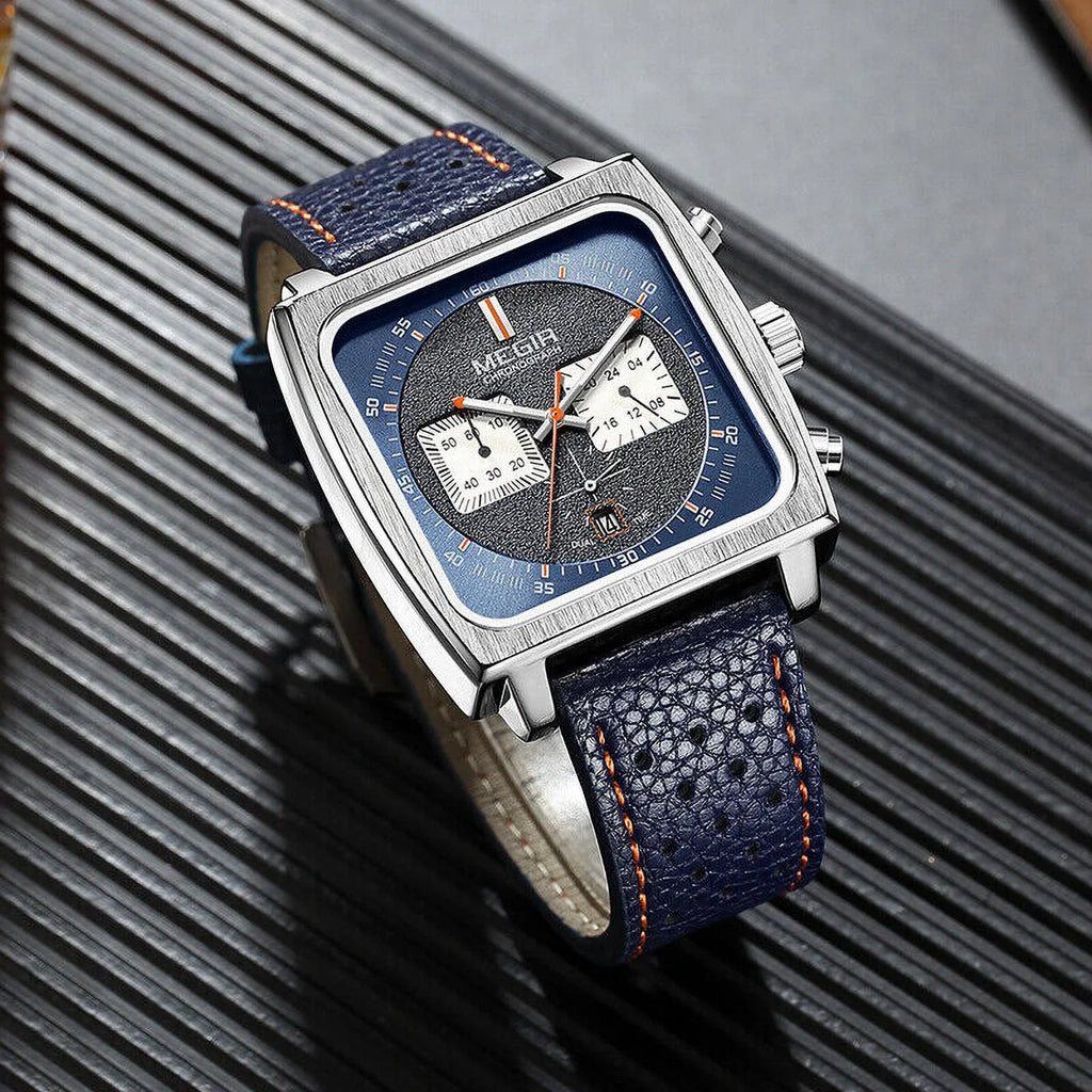 KingFurt MEGIR Liquid Blue Square Dial Quartz Watch - Luminous, Date Display - Men's Leather Watch