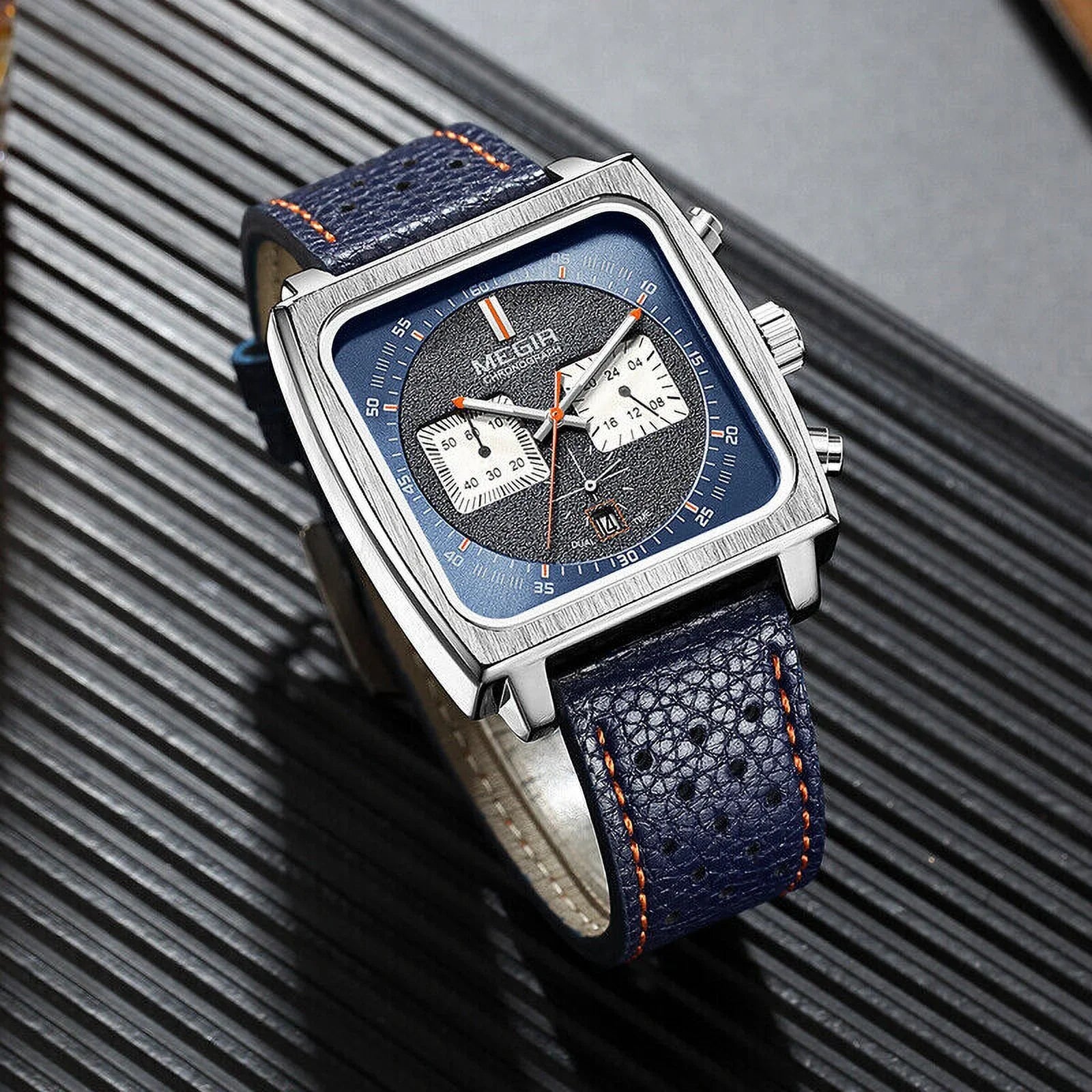 KingFurt MEGIR Liquid Blue Square Dial Quartz Watch - Luminous, Date Display - Men's Leather Watch