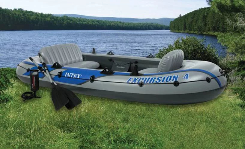 Intex Excursion 4 Person Inflatable Rafting and Fishing Boat Set with 2 Oars (Refurbished)