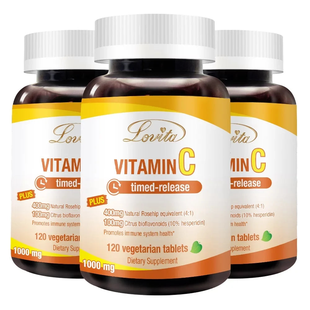 Lovita Vitamin C 1000mg with Bioflavonoids & Rose Hips, Timed Release Vitamin C, High Potency Vitamin C to Boost Healthy Immune Function, 120 Vegetarian Tablets for 4 Month Supply (Pack of 3)
