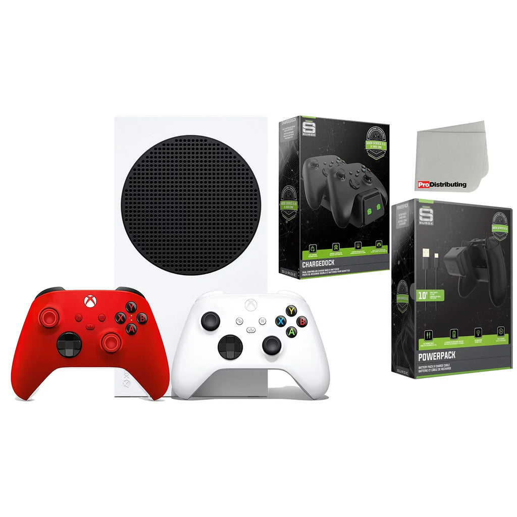 Xbox Series S 512GB Digital Console with Extra Wireless Controller - Pulse Red - Surge CHARGEDOCK Dual Charge Base and Powerpack Battery/Charge Cable Bundle with Microfiber Cleaning Cloth