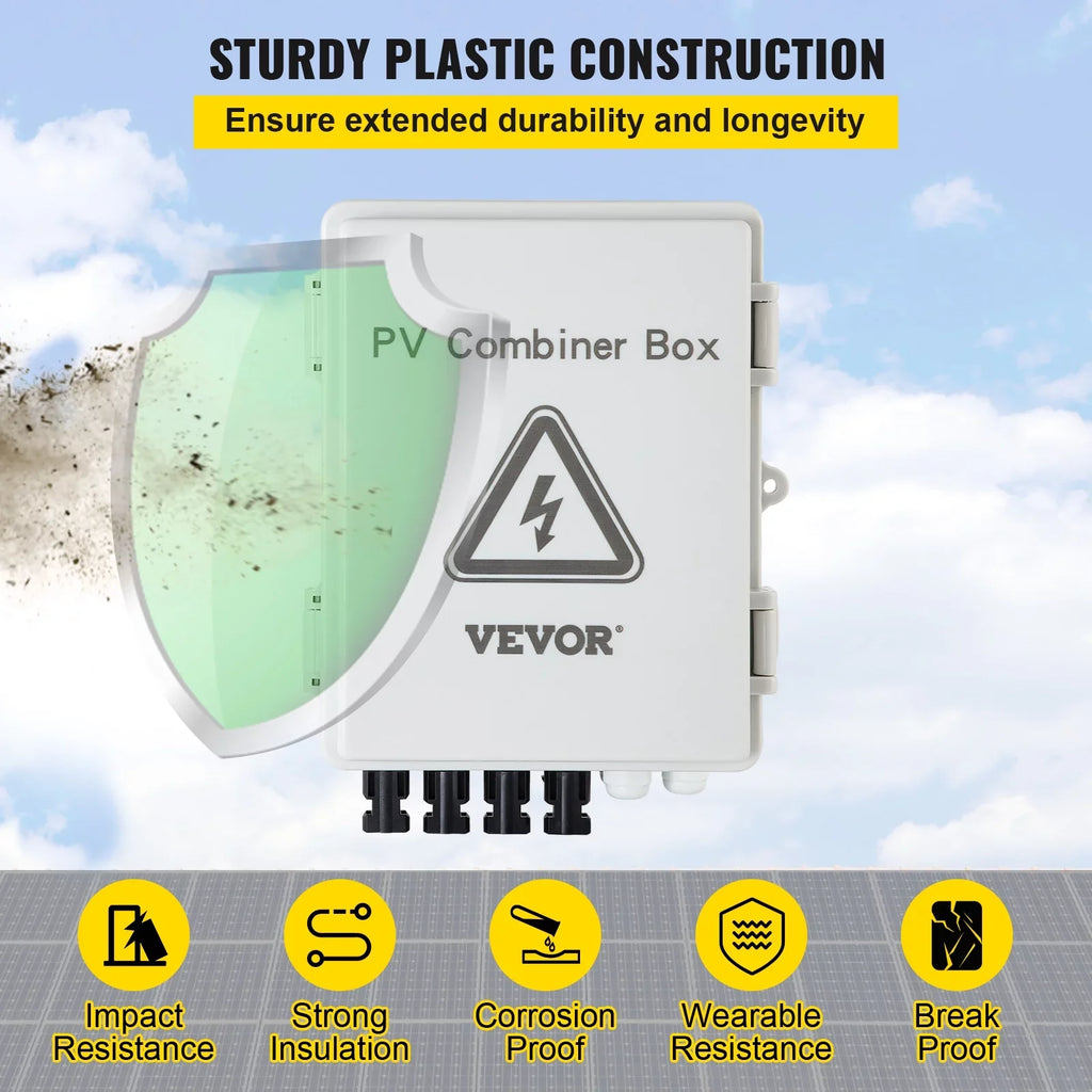VEVOR PV Combiner Box, 4 String, Solar Combiner Box with 15a Rated Current Fuse, 63a Circuit Breaker, Lightning Arreste and Solar Connector, for On / Off Grid Solar Panel System, IP65 Liquid
