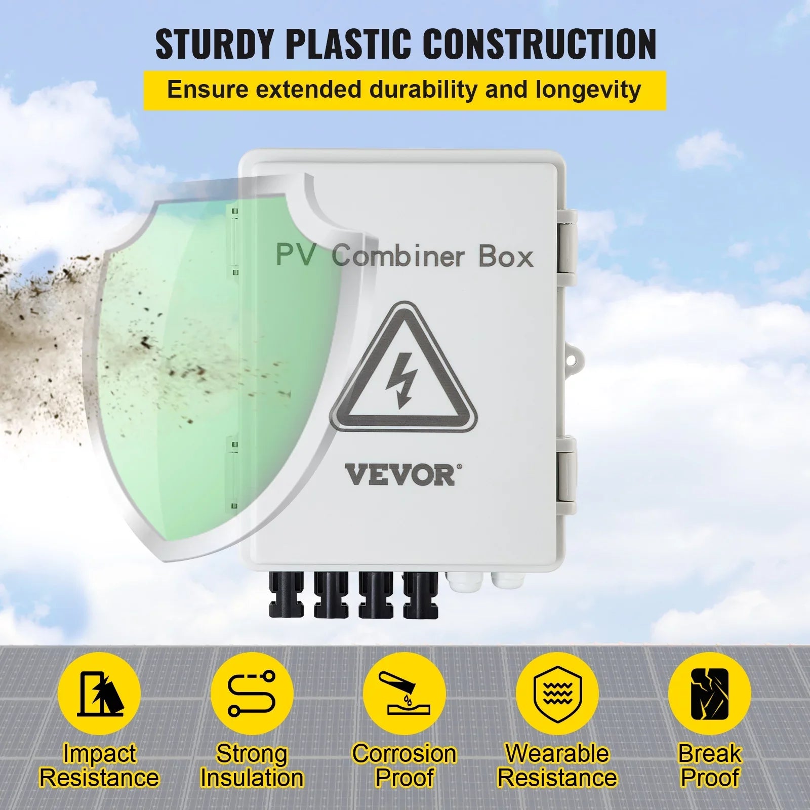 VEVOR PV Combiner Box, 4 String, Solar Combiner Box with 15a Rated Current Fuse, 63a Circuit Breaker, Lightning Arreste and Solar Connector, for On / Off Grid Solar Panel System, IP65 Liquid