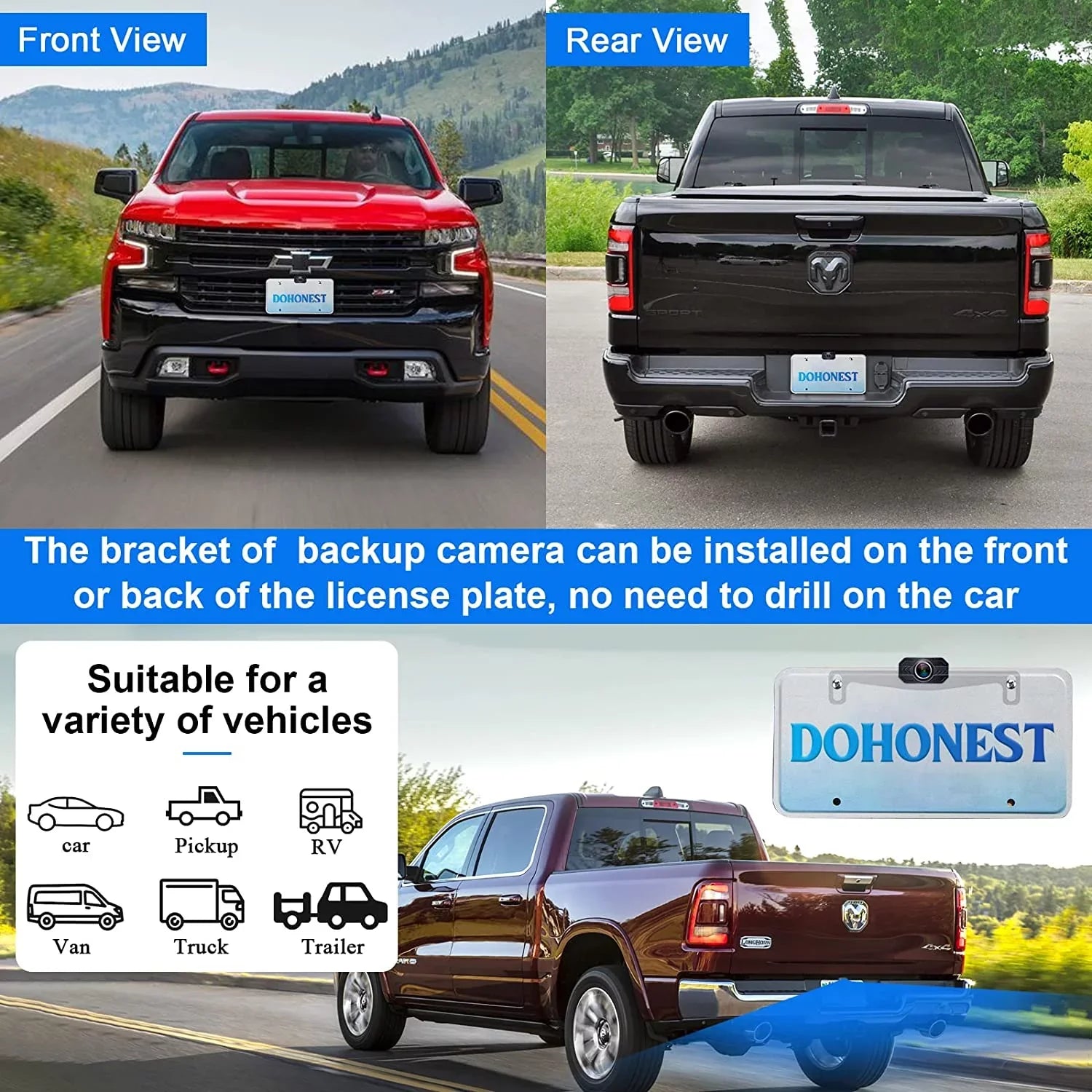 DoHonest Wireless Backup Camera 7-Inch: Plug and Play Easy to Install Truck Car Monitor Kit HD 1080P Bluetooth Reverse Cam for Pickup Camper Van Stable Signal 2 Channel Night vision Auto-Switching V