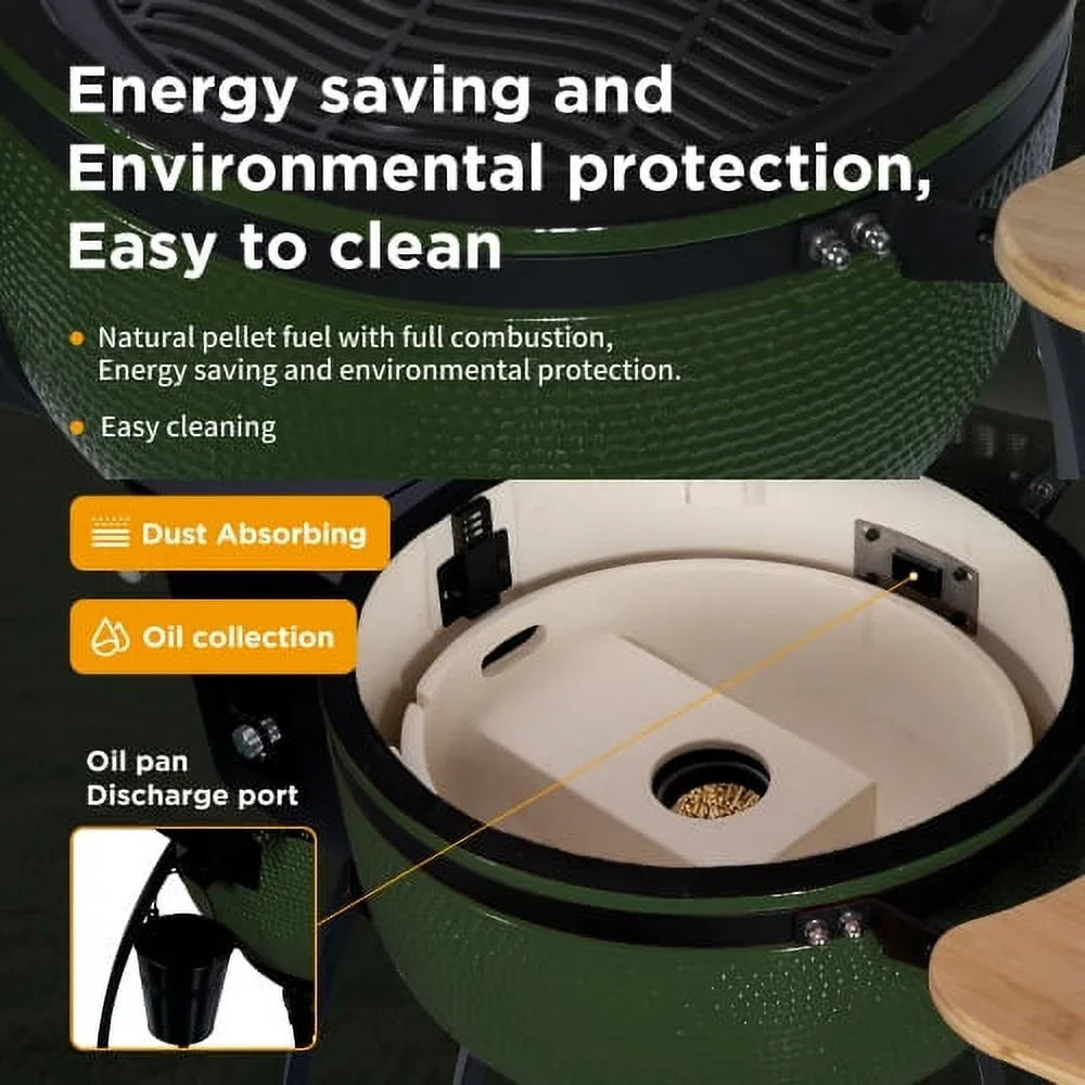 MADETEC 24" Ceramic Pellet Grill with 19.6" diameter Gridiron Double Ceramic Liner 4-in-1 Smoked Roasted BBQ Pan-roasted for Outdoors Patio,Green