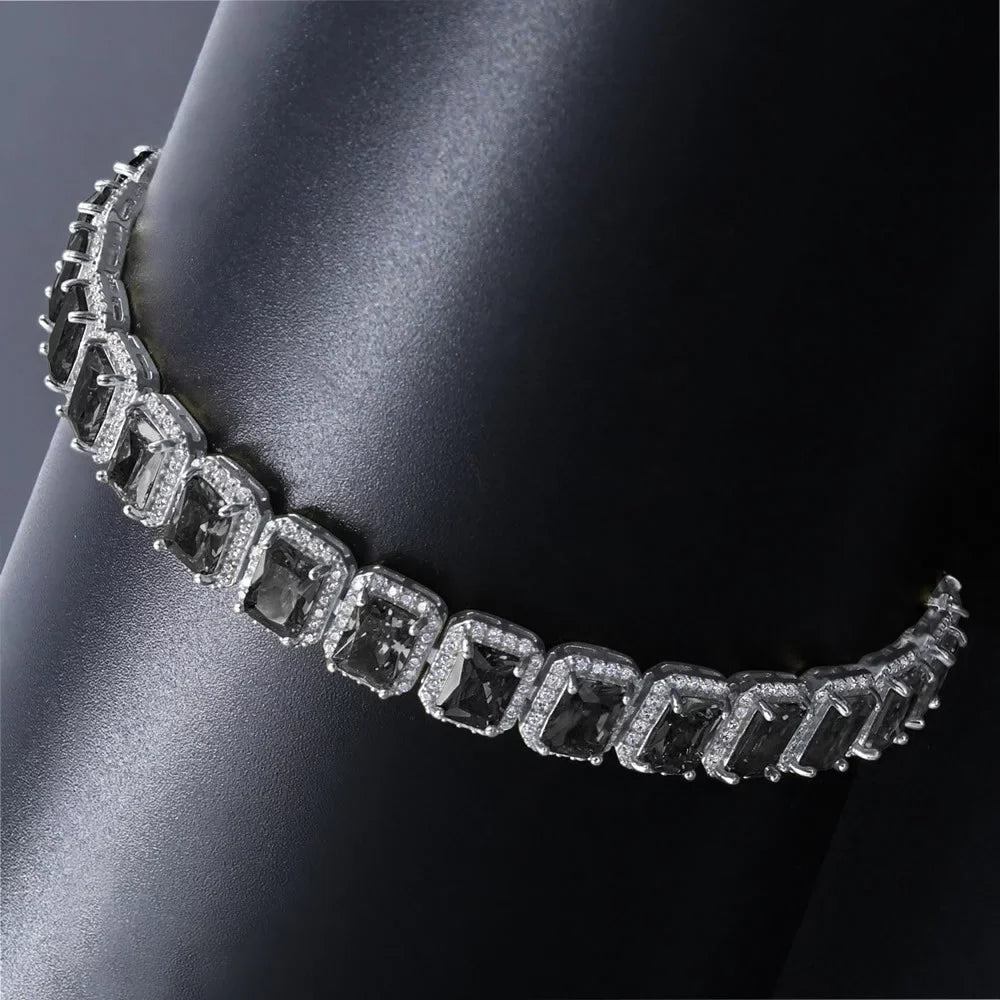 14K White Gold Finish Onyx Black Simulated Diamonds Solitaire Mens Ladies Bracelet 10mm / 8.5 Inch