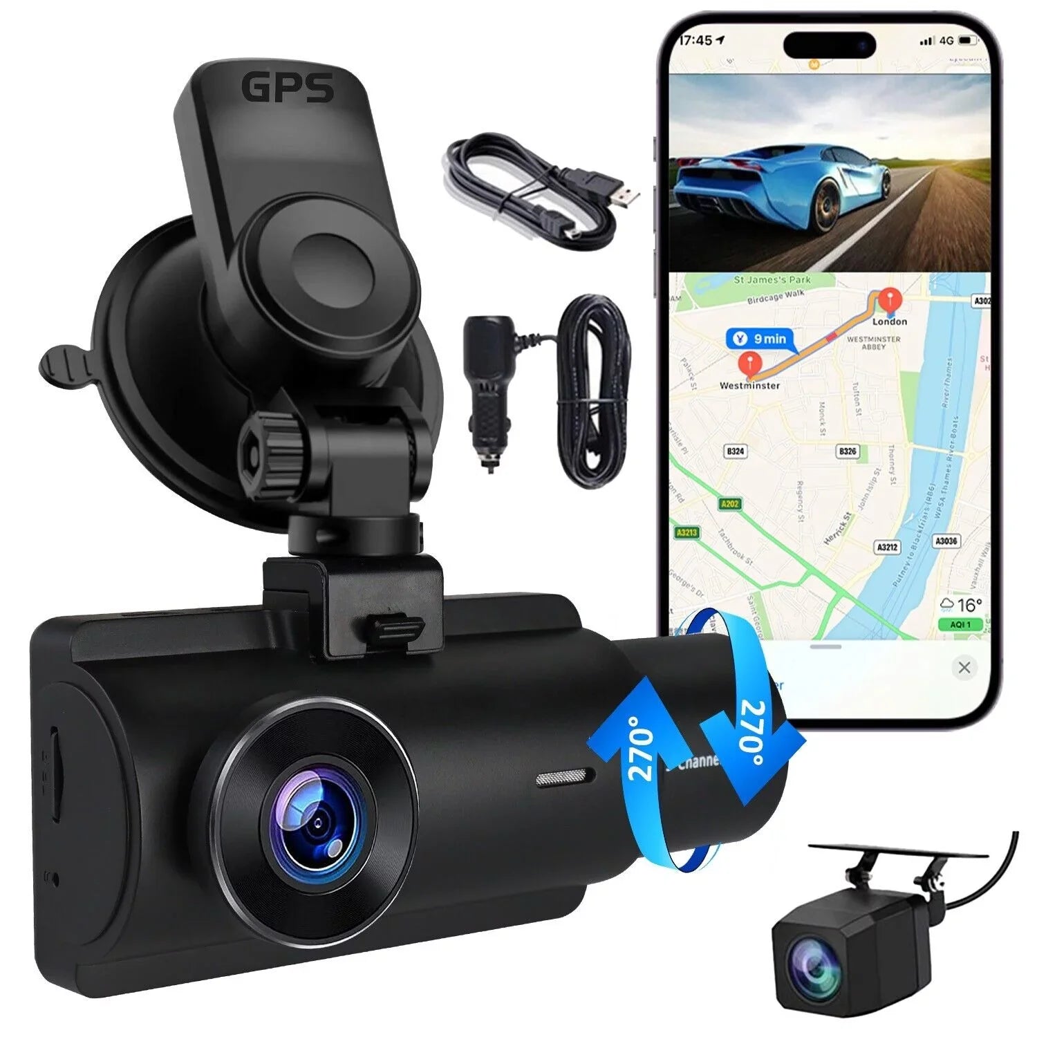 3 Lens Cars True 4K Dual Dash Camera Front & Rear WiFi&GPS Track Video Recorder
