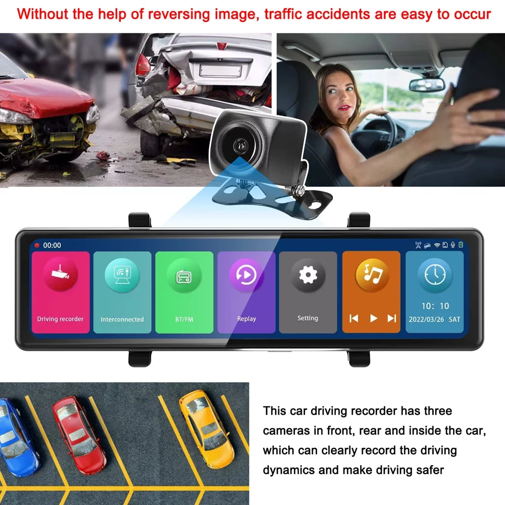 OWSOO 3 Cameras Dash Cam 12in 2.5K Clear Car Rearview Mirror Car Video Recording Touched Display Car Recorder Carplay Auto Driving Recorder