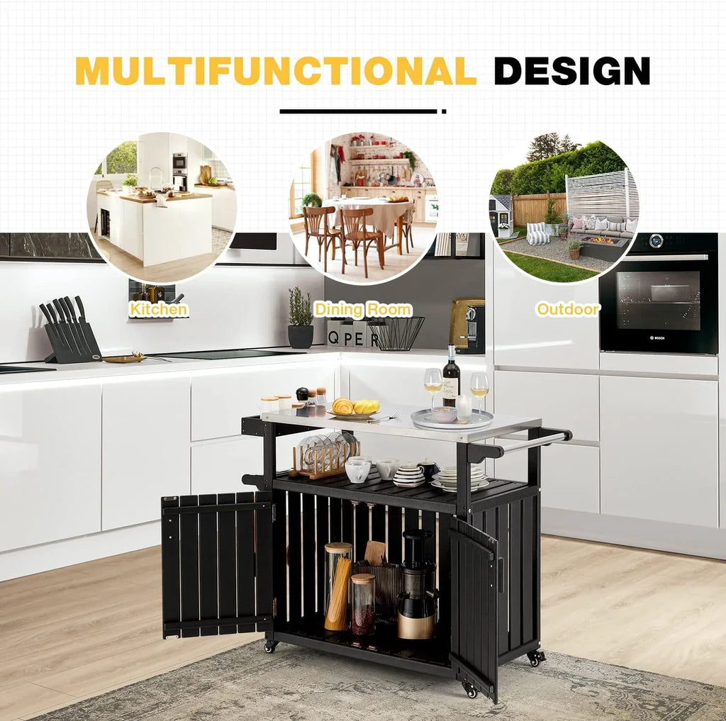 Kitchen Cart, HDPE Kitchen Island With Stainless Steel Top And Storage Cabinet, Rolling Island Table With Hooks, Spice Rack, Towel Rack, Black
