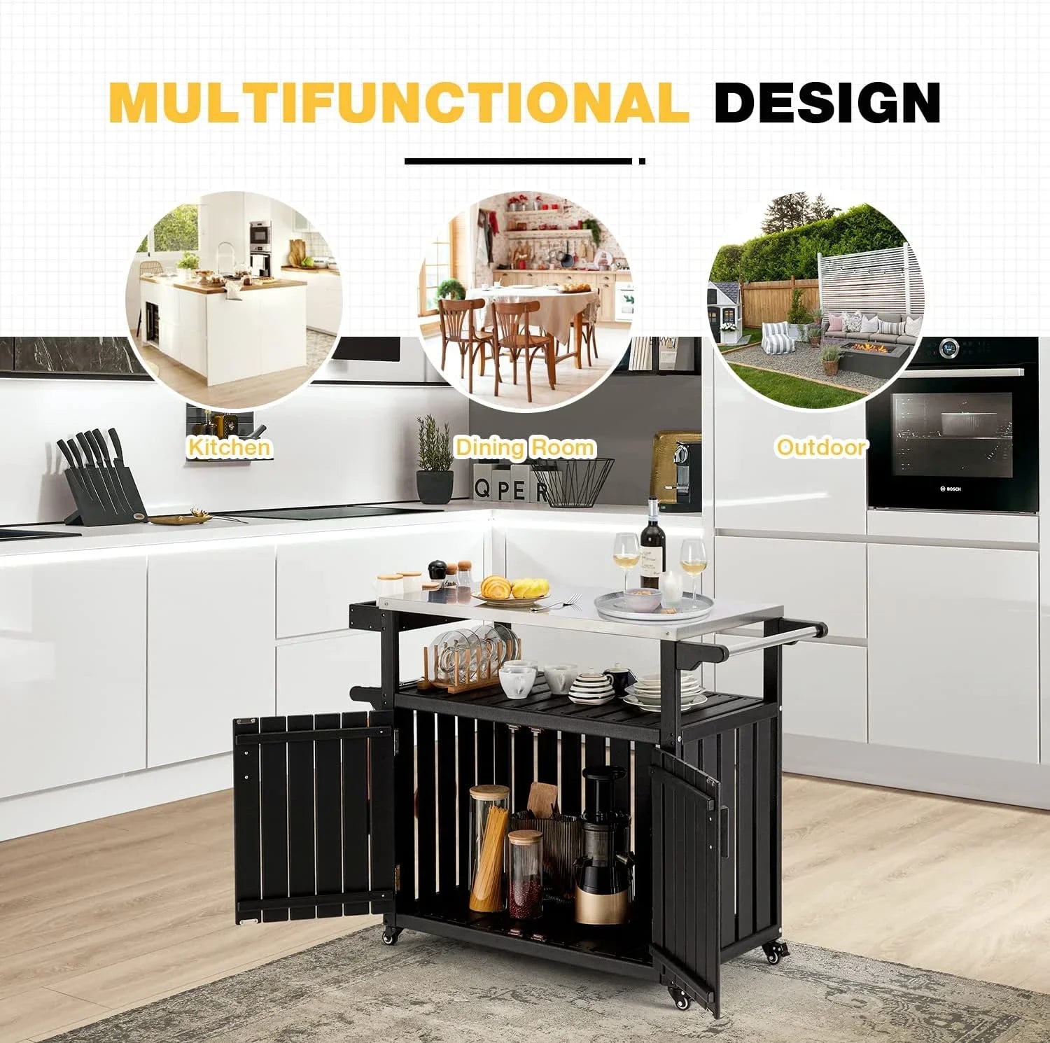 Kitchen Cart, HDPE Kitchen Island With Stainless Steel Top And Storage Cabinet, Rolling Island Table With Hooks, Spice Rack, Towel Rack, Black