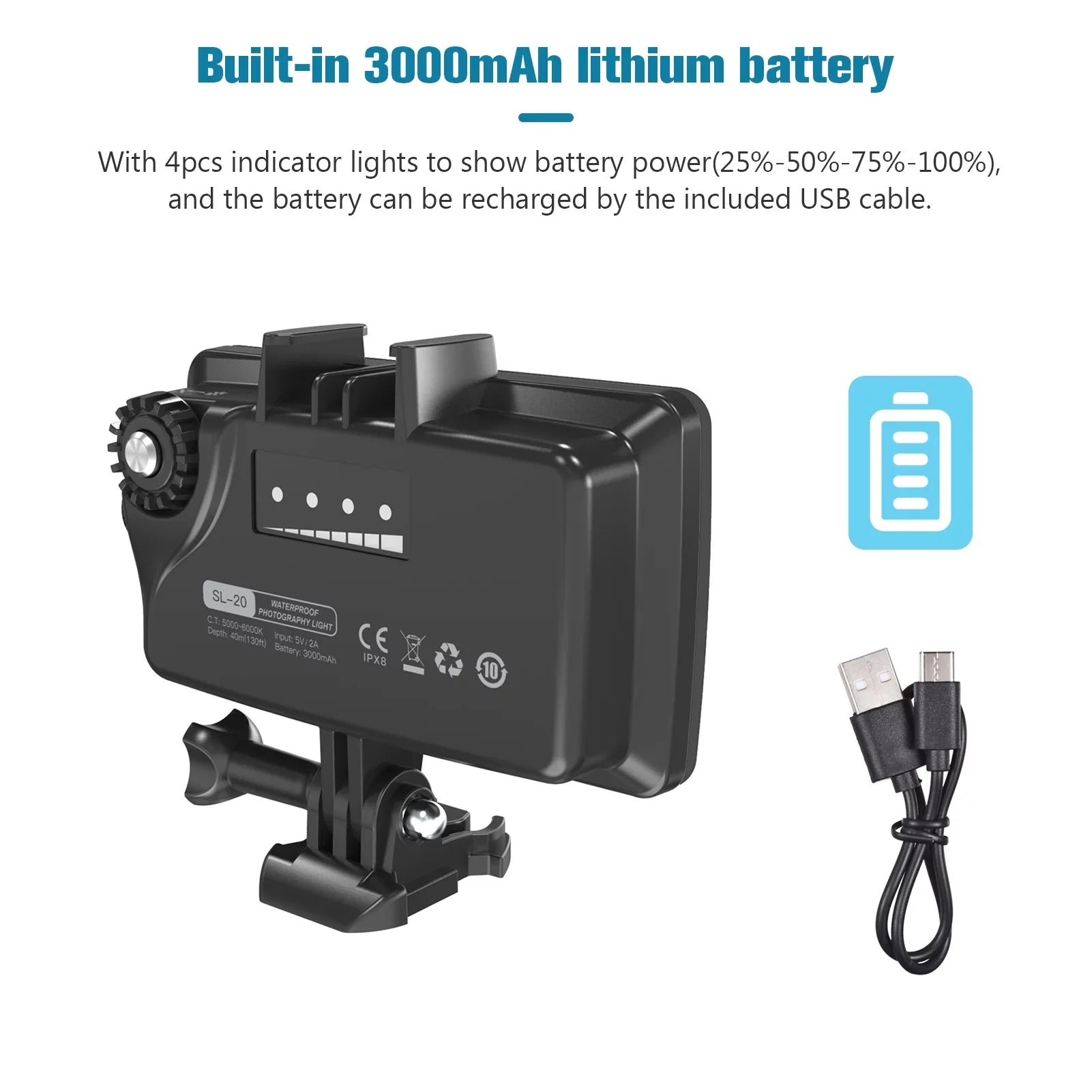 Andoer SL-20 Fluid RGB Fill Light LED Video Light 8 Modes CRI95+ Dimmable IPX8 Liquid 40M Built-in Rechargeable Battery for Diving Snorkeling Liquid Photography Video Replaceme