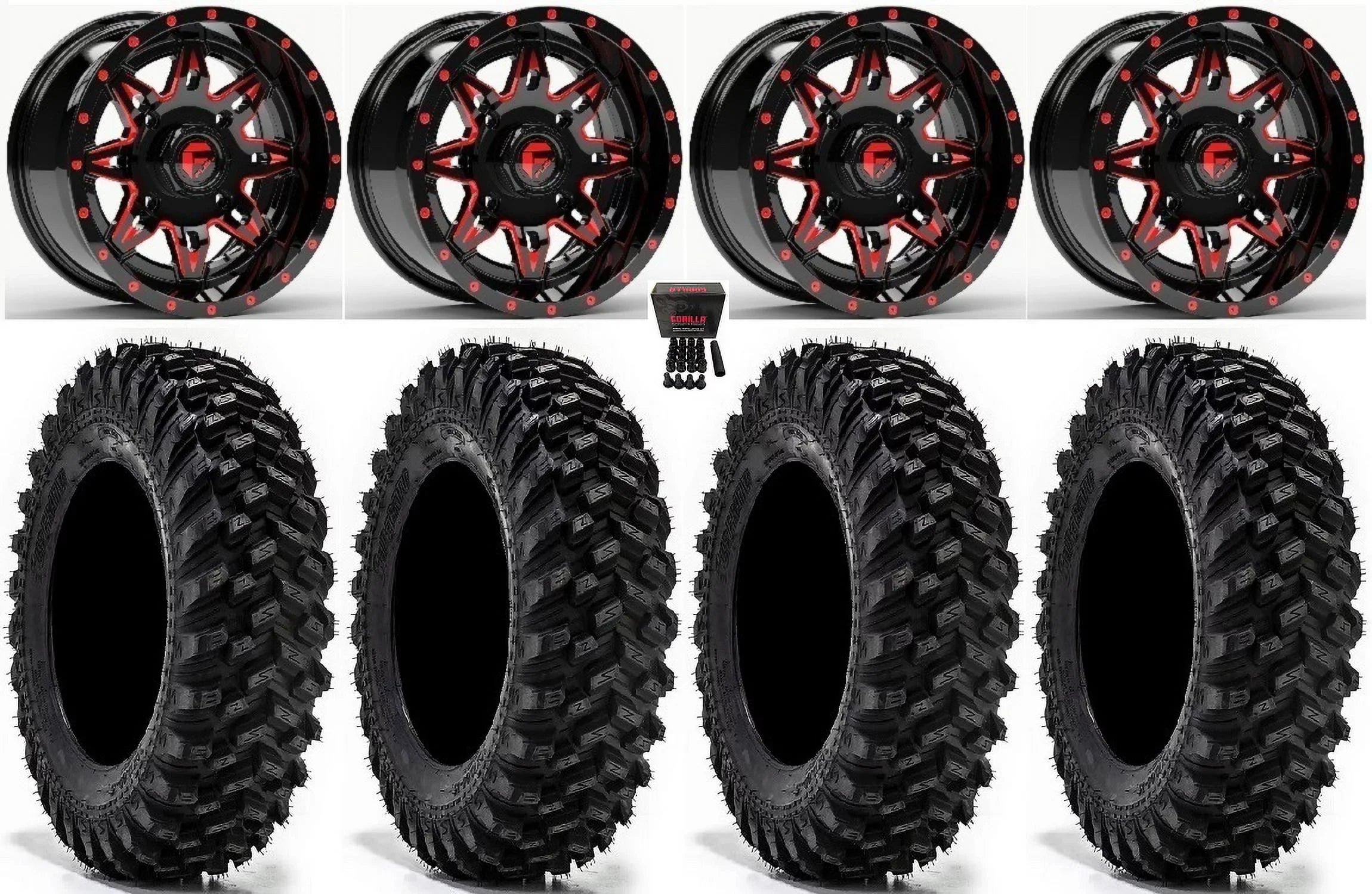 Fuel Lethal 15" Wheels Red 32" Warrior XT Sticky Tires Kawasaki Teryx Mule