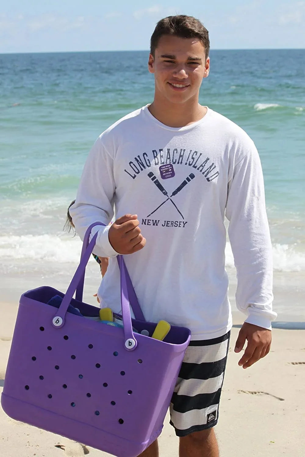 Rubber Beach Bag EVA Perforated Fluid Sandproof Long-lasting Open Silicone Tote Bag for Outdoor Beach Pool Sports,Purple