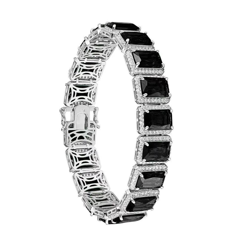 14K White Gold Finish Onyx Black Simulated Diamonds Solitaire Mens Ladies Bracelet 10mm / 8.5 Inch