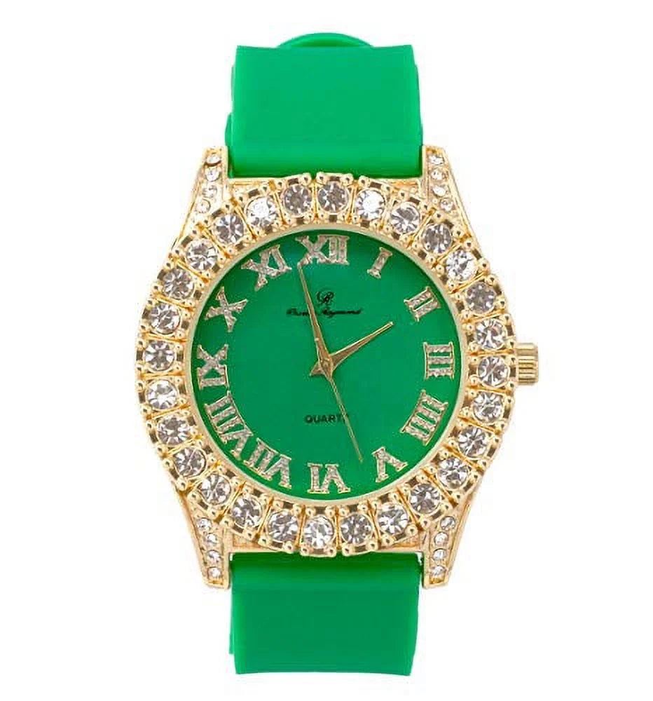 Mens Silver Big Rocks with Roman Numerals Fully Iced Out Colorful Dial Watch - ST10327 RN Single (ST10357 Gold Green)