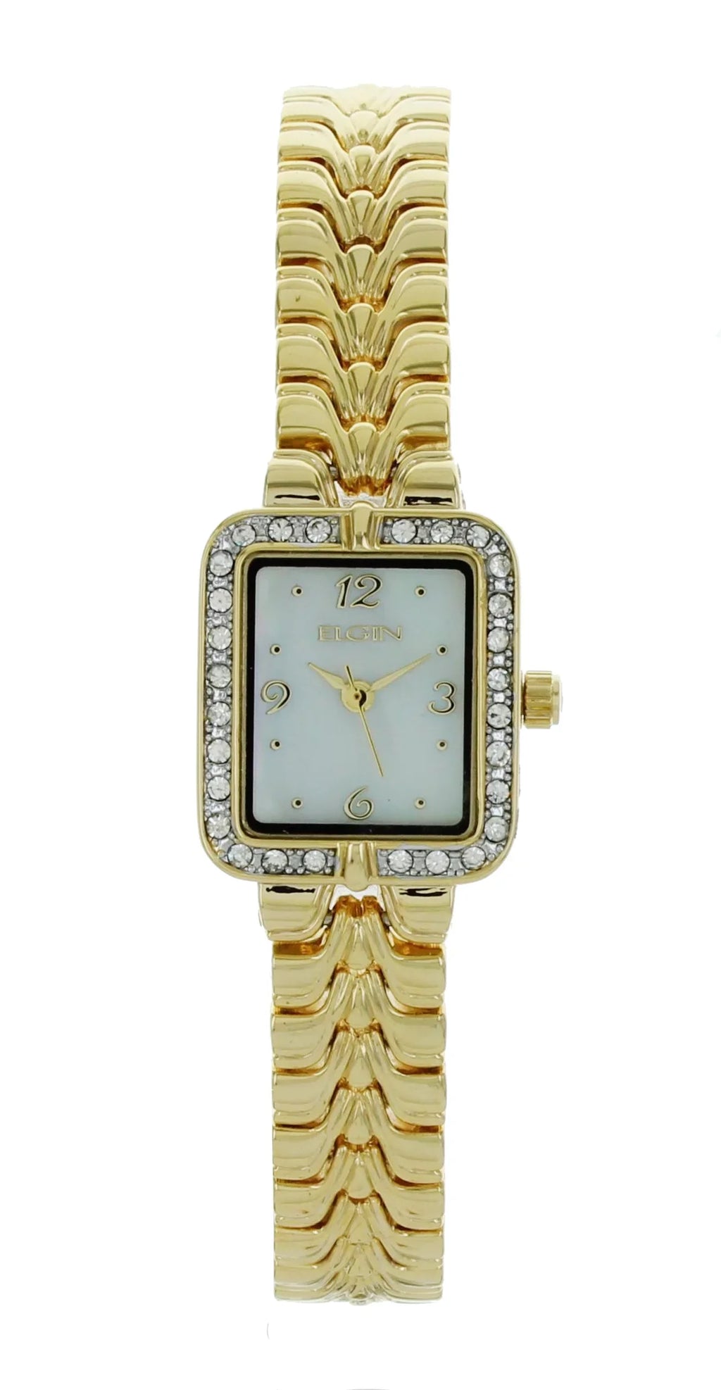 Elgin watch for women small rectangle face gold with stone on Bezel EG9050