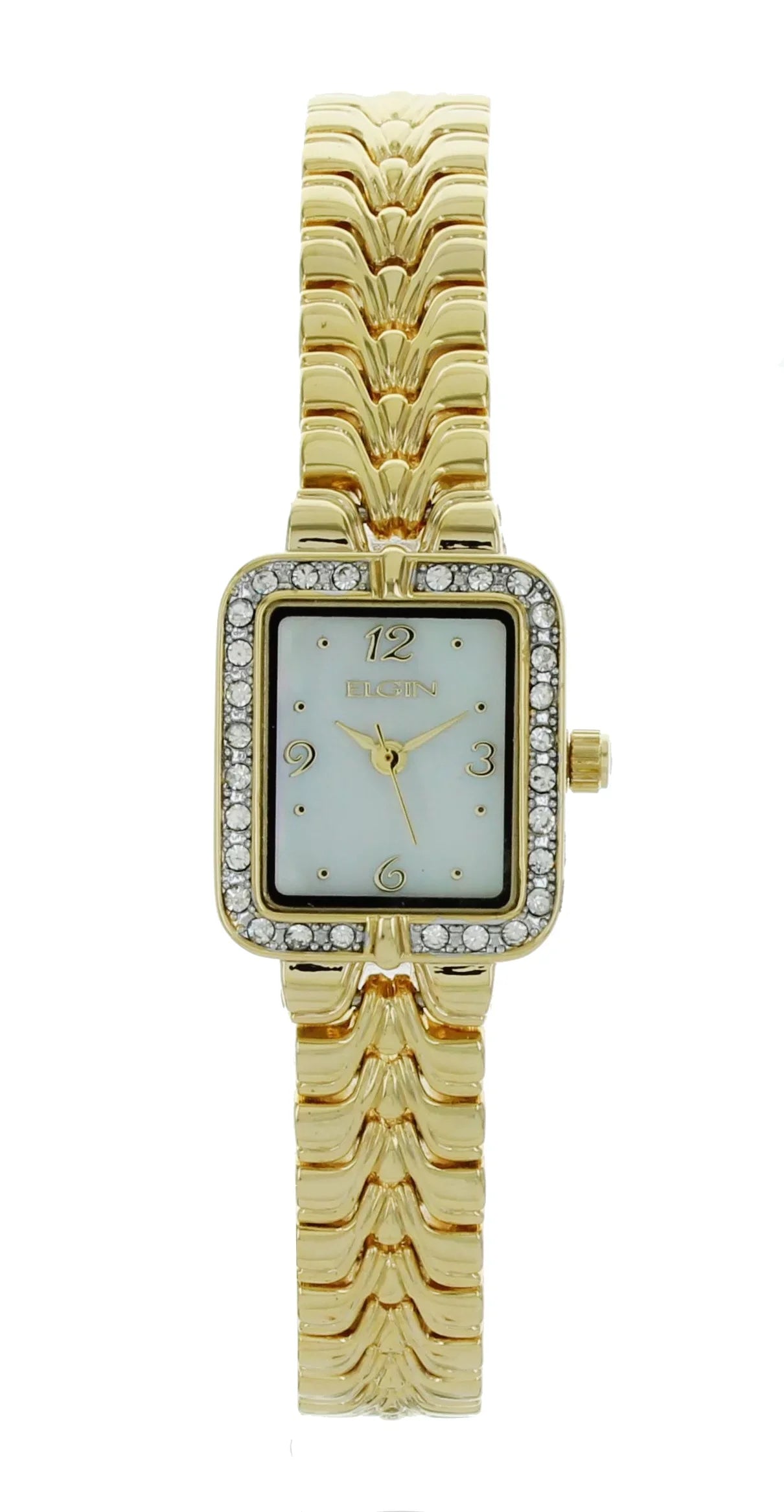 Elgin watch for women small rectangle face gold with stone on Bezel EG9050