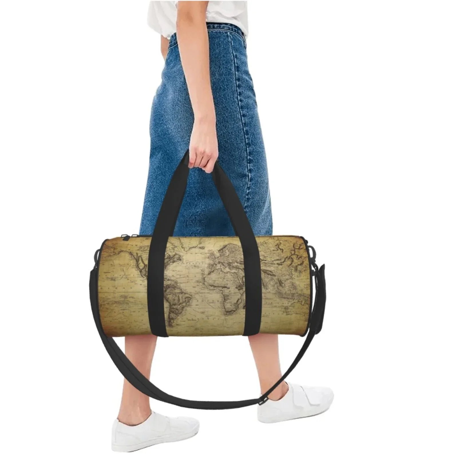 Coaee Vintage World Map Large Capacity Travel Luggage Bag Cylinder Gym Bag Liquid Sports Bag with Pocket and Compartment