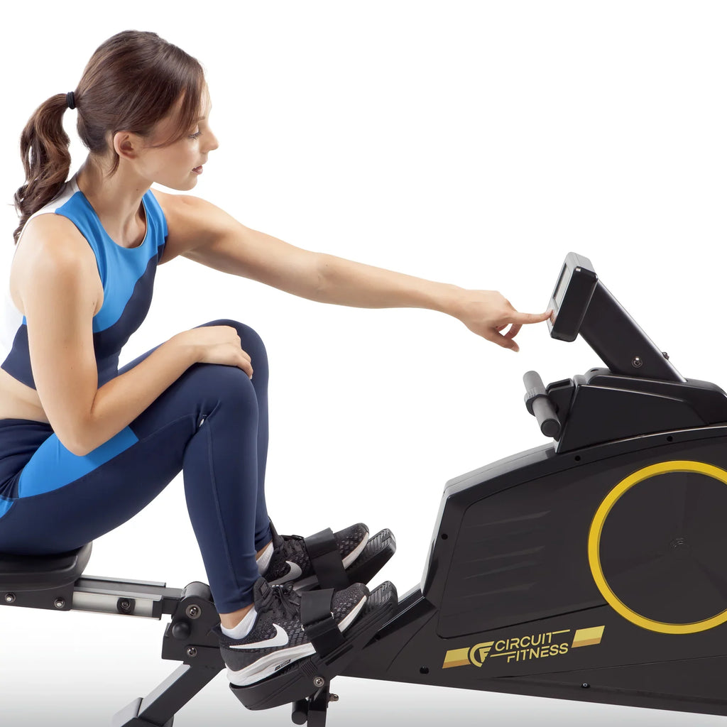 CIRCUIT FITNESS Deluxe Foldable Magnetic Rowing Machine with 8 Resistance Settings/Transport Wheels/LCD Monitor AMZ-986RW