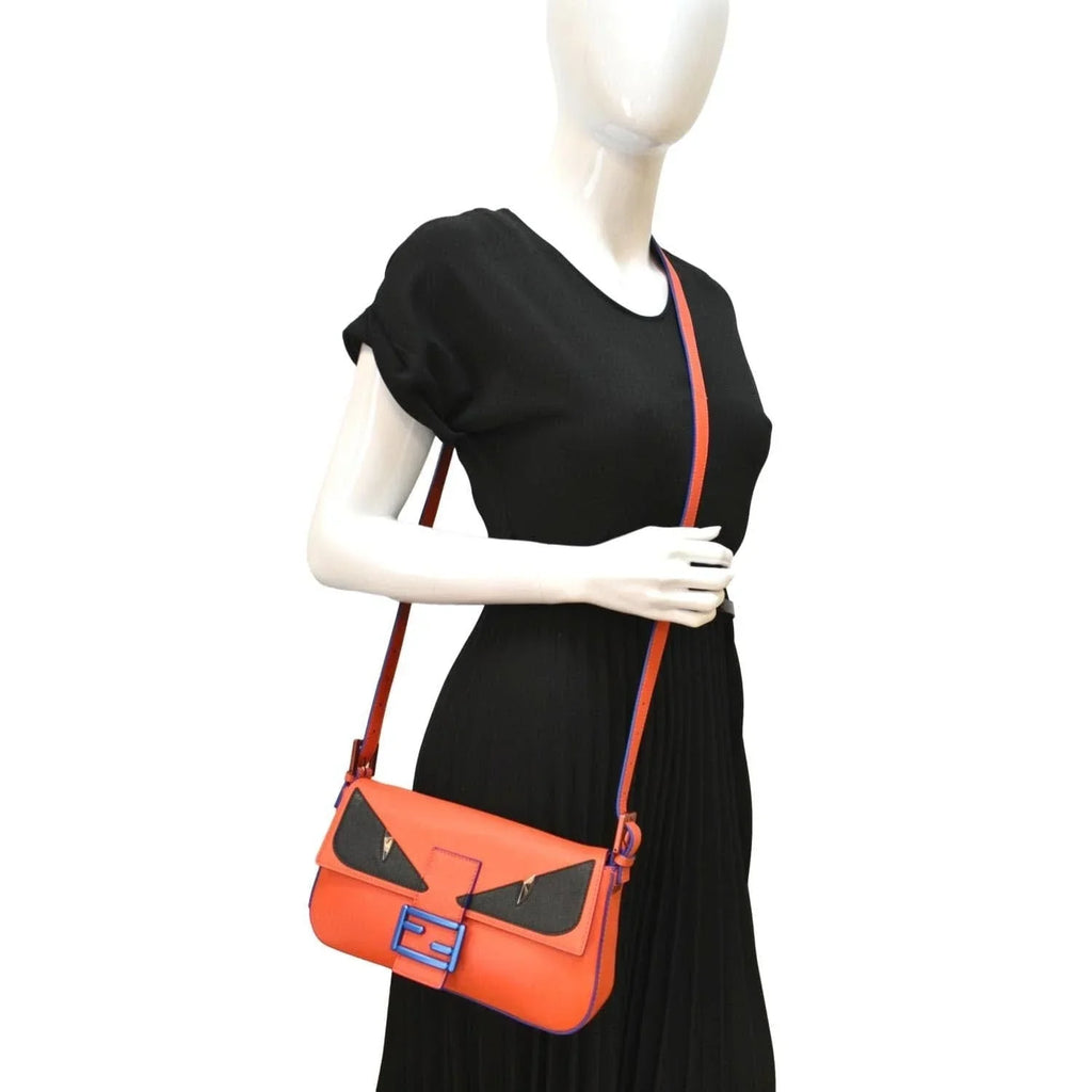 Pre-owned FENDI Monster Eye Baguette Calfskin Leather Crossbody Bag Orange