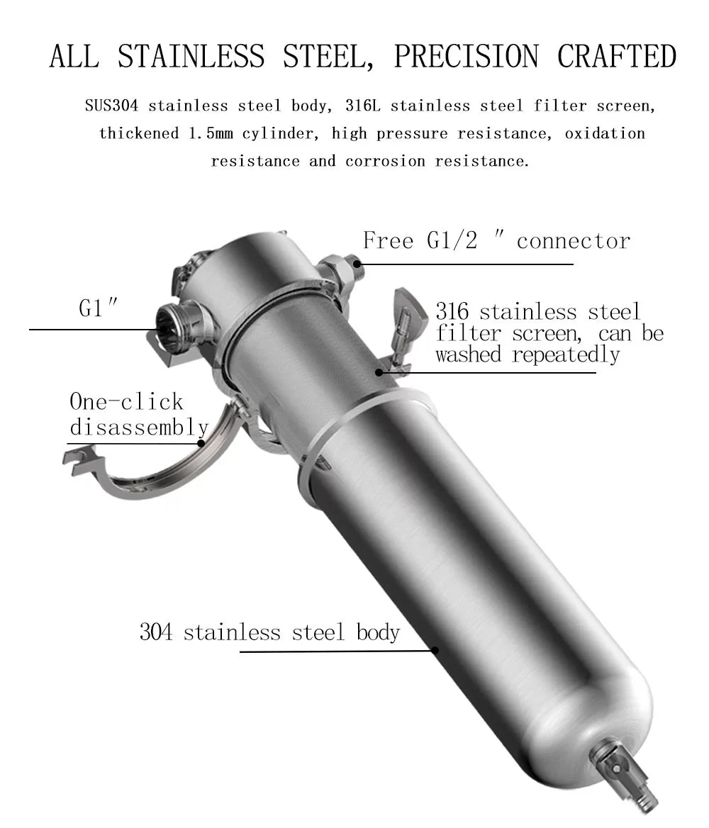 TECHTONGDA Front Liquid Filter Housing 10 inch Filter 1 inch NPT for Whole House Liquid Purification 304 Stainless Steel 8000L/h
