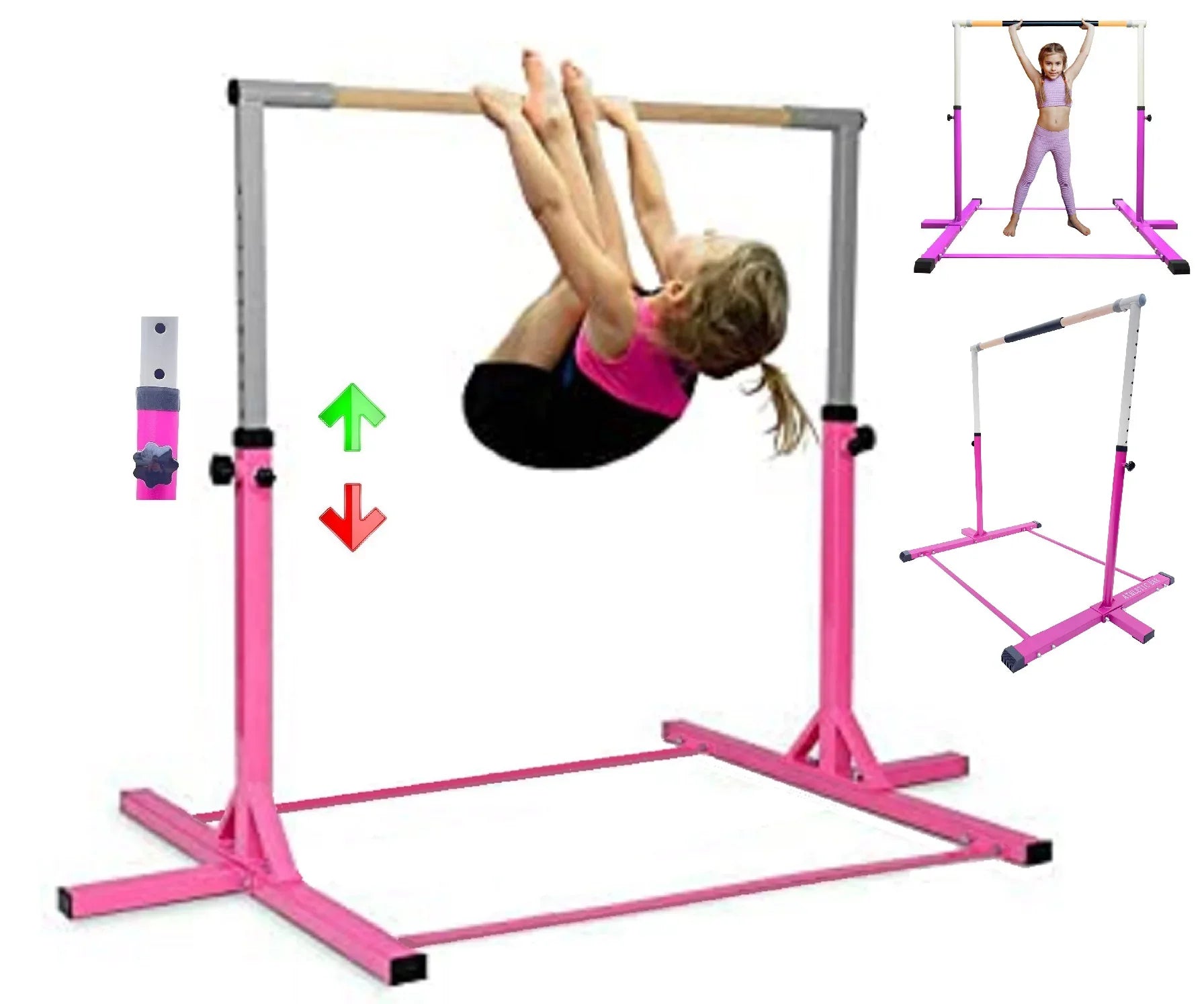 Iron Form Gymnastics Bar Horizontal Kip Bar for Gymnasts Junior Training Expandable Height, Heavy Duty Jungle Gym Exercise Bar for Children and Adults, Adjustable Height 3 to 5 FT Gymnastic Bar, PINK