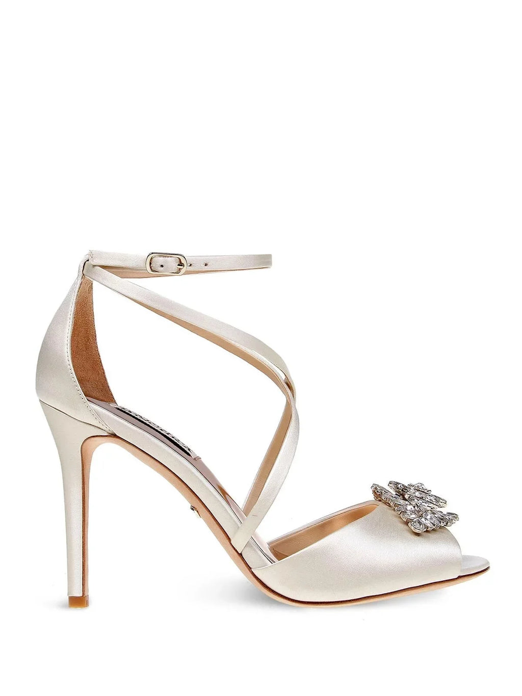 BADGLEY MISCHKA Womens Ivory Satin Beige Cushioned Footbed Dustbag Embellished Ankle Strap Tatum Open Toe Stiletto Buckle Dress Heeled Gladiator Sandal 10