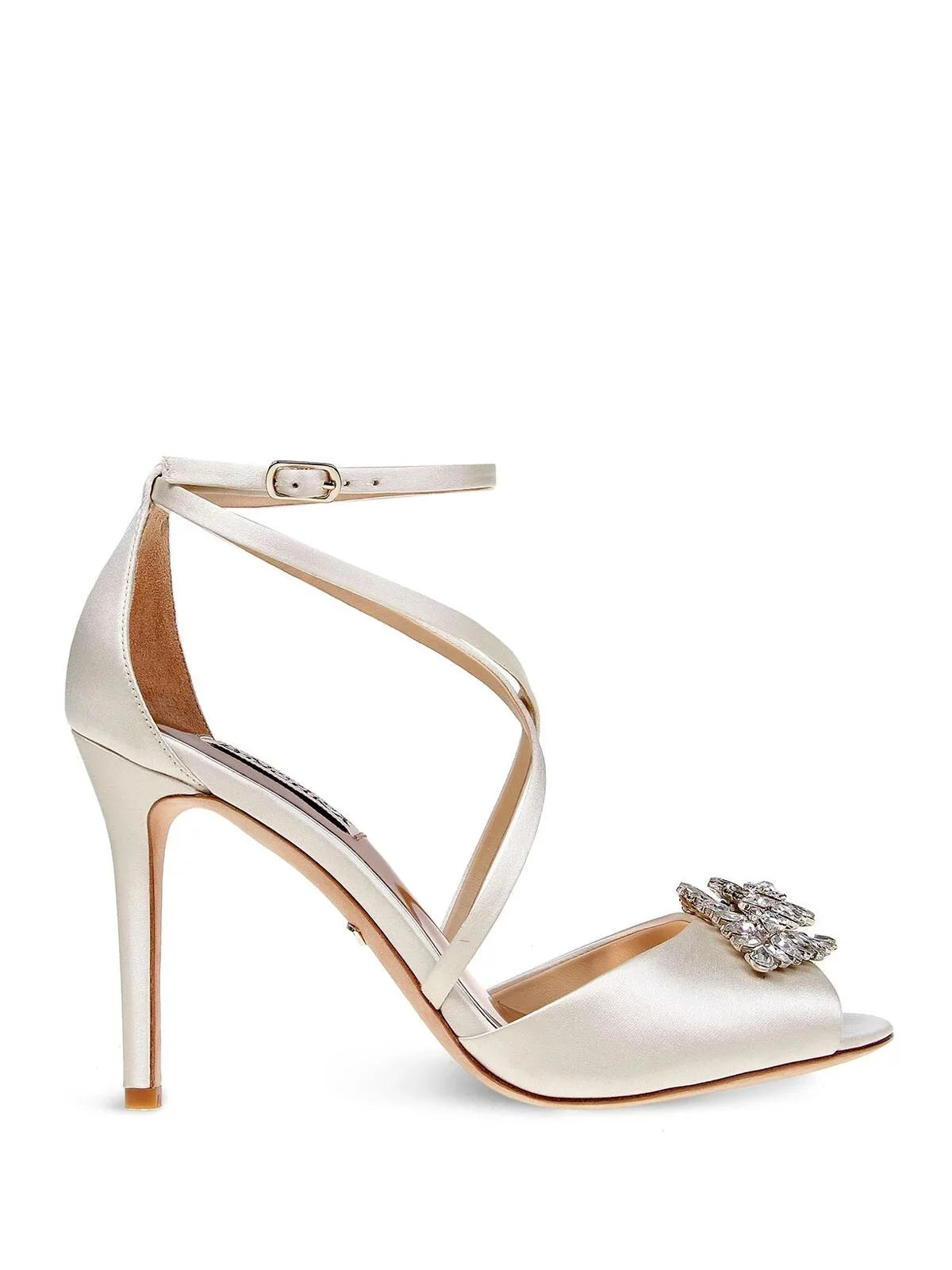 BADGLEY MISCHKA Womens Ivory Satin Beige Cushioned Footbed Dustbag Embellished Ankle Strap Tatum Open Toe Stiletto Buckle Dress Heeled Gladiator Sandal 10