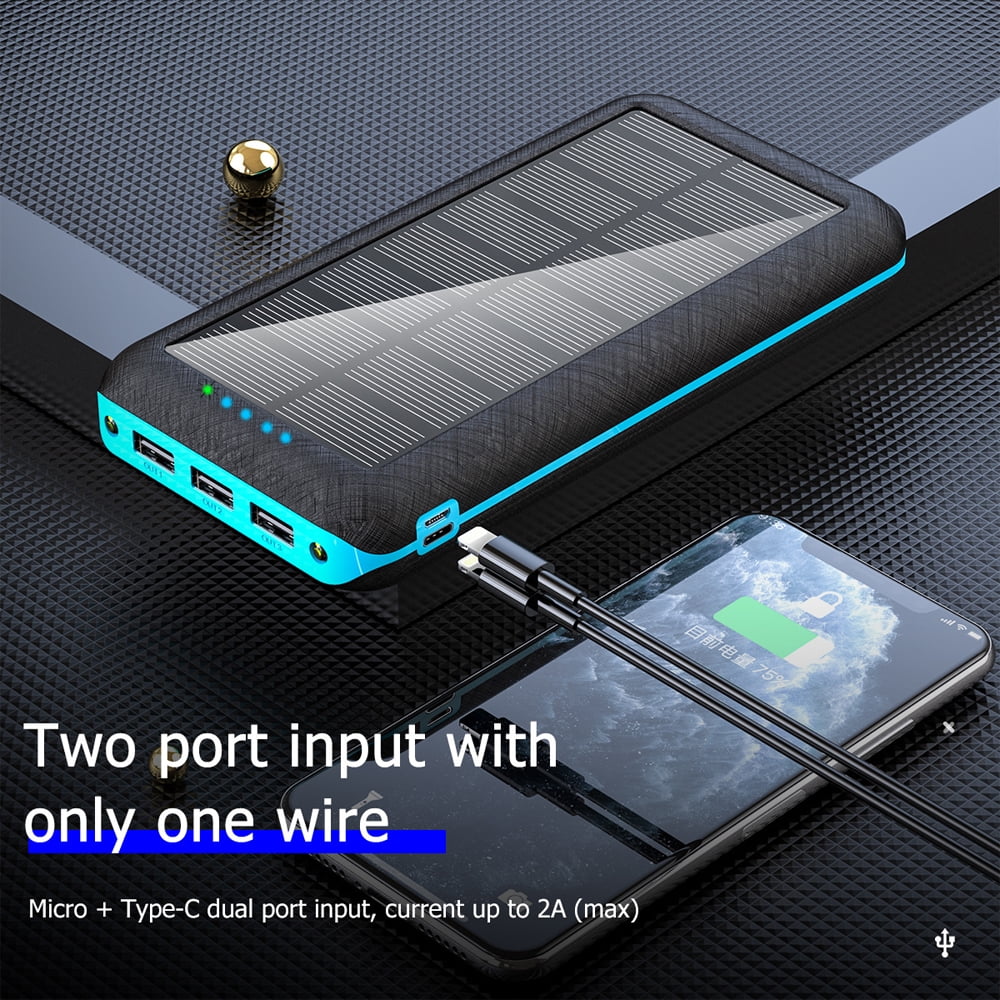 Ponyta Solar Power Bank 20000mAh Portable Charger 3 USB Large Capacity Mobile Power Supply with Dual LED Lights Xmas Decor