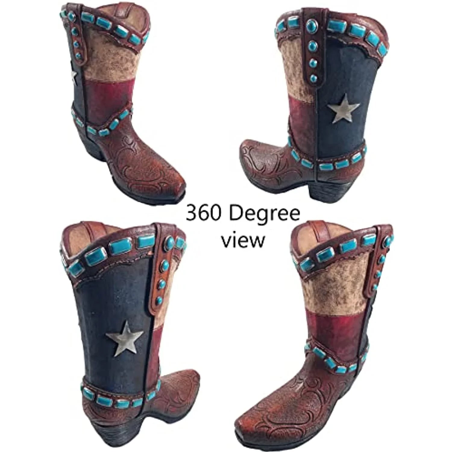 Urbalabs Western Teal Stone Texas Brown Cowboy Boot Vase Large 12 Inch Brown Teal Cowboy Boot Flower Vase Decorative Cowboy Boots Vases Home Office Rustic Decor Country Living Wedding Centerpiece