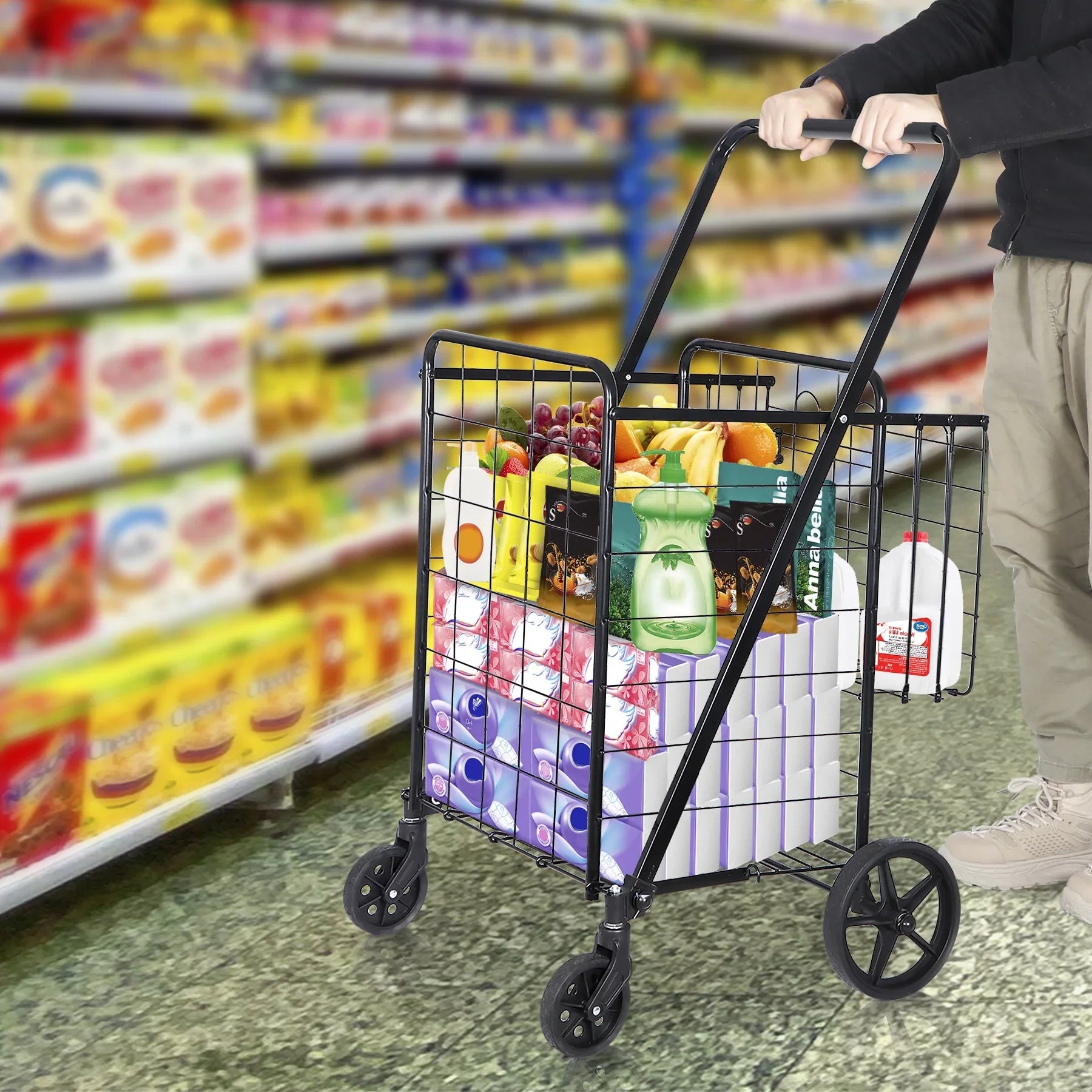 ZENY Folding Utility Shopping Cart with Double Basket and Wheels for Grocery Laundry Book Luggage Travel, Black