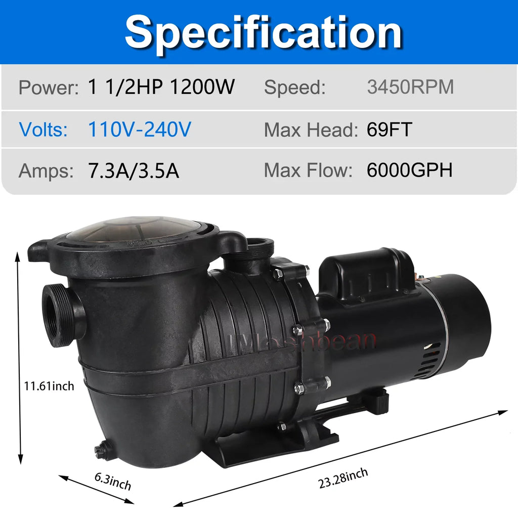 iMeshbean In-ground Swimming Pool Pump, 1.5HP Motor 110V-230V, 6000GPH, Head Max 69FT, for Above Ground Swimming Pool and Inground Pool Liquid Circulation, w/ Strainer Basket