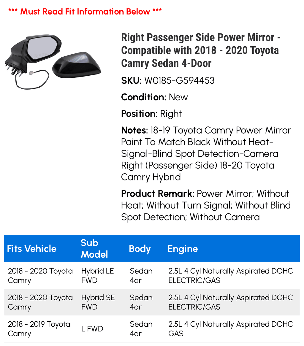 Right Passenger Side Power Mirror - Paint to Match - without Heated Glass, Turn Signal, Blind Spot Detector, and Camera - Compatible with 2018 - 2020 Toyota Camry Sedan 4-Door 2019