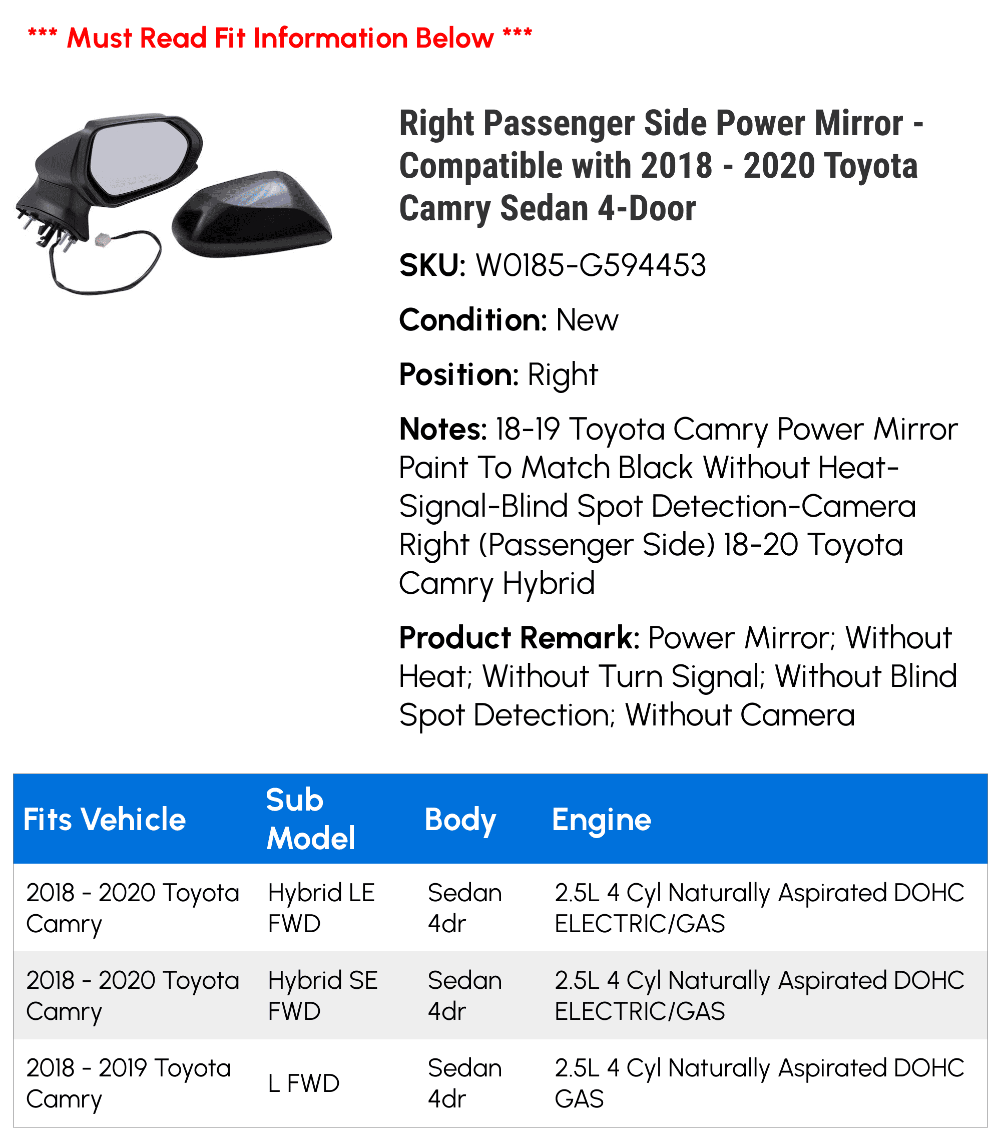 Right Passenger Side Power Mirror - Paint to Match - without Heated Glass, Turn Signal, Blind Spot Detector, and Camera - Compatible with 2018 - 2020 Toyota Camry Sedan 4-Door 2019