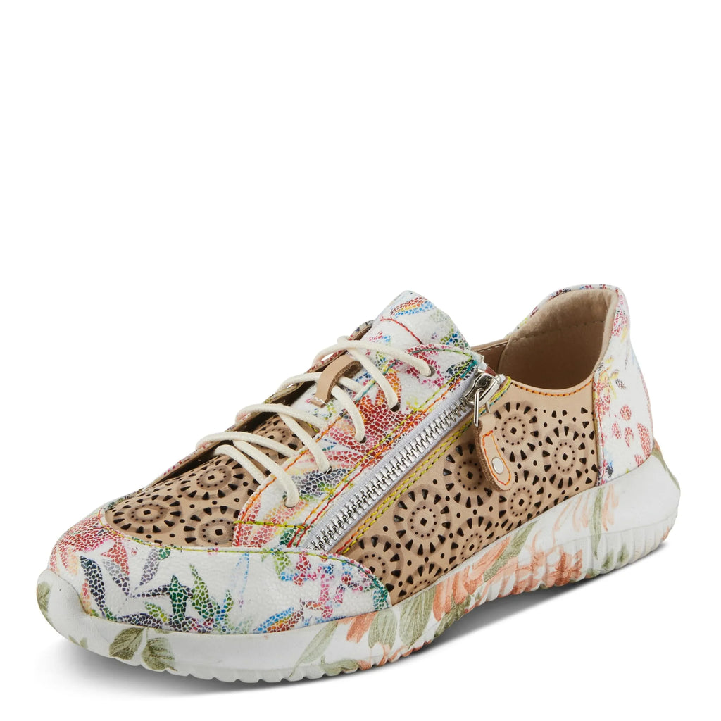 L'Artiste Women's Jazzie Lace-Up Fashion Sneaker with Flowers Beige Multi EU 38/7.5-8