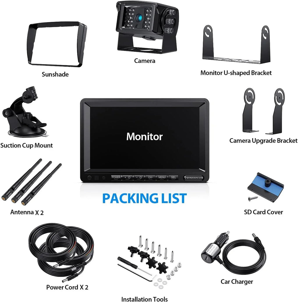 ZEROXCLUB Wireless Backup Camera 7'' 1080P HD LCD Monitor IP69 Fluid Night Vision Parking System for RV/Truck/Trailer/Van/Bus SW01