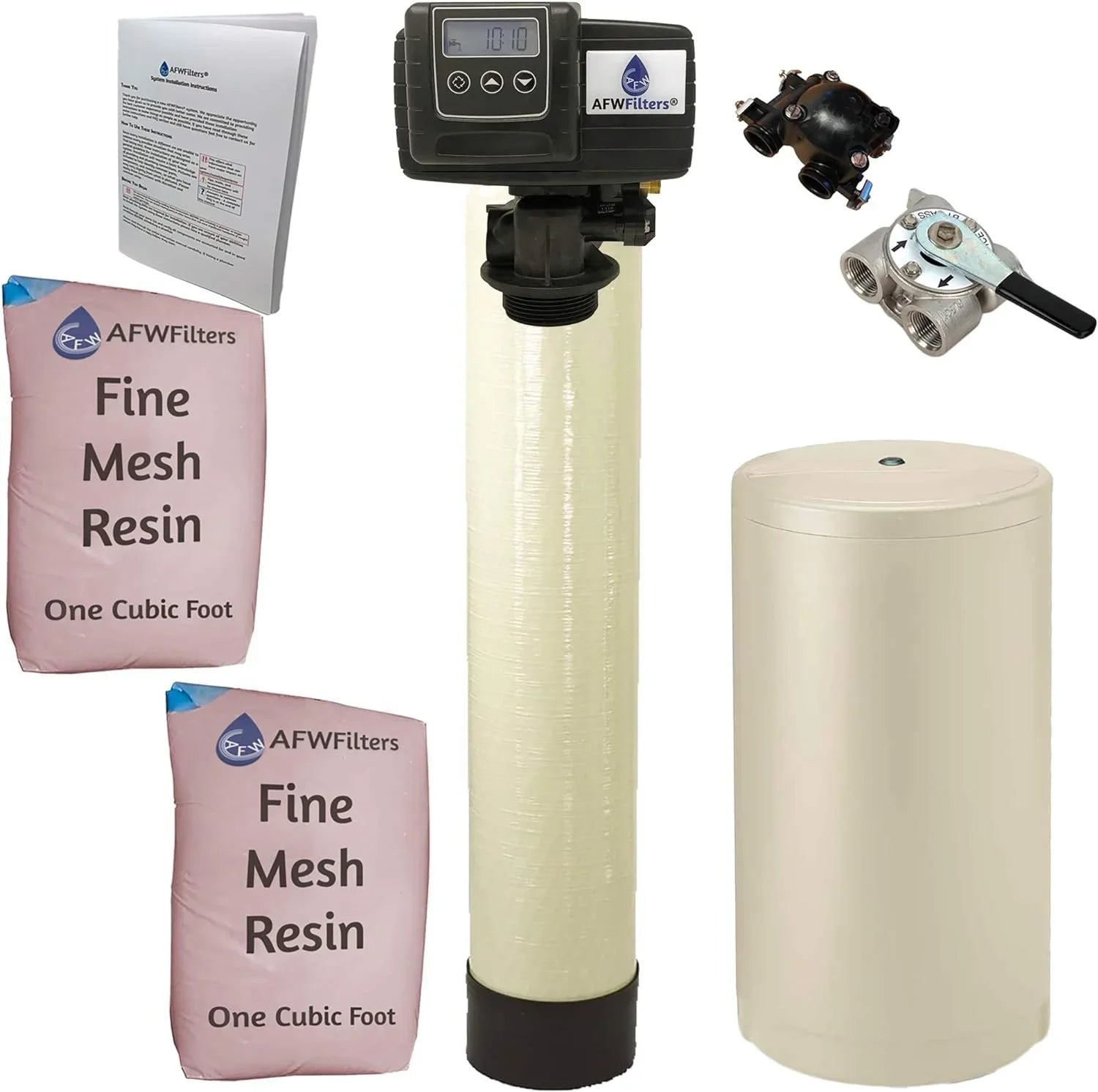 AFWFilters 2 cubic Foot 64k Whole Home Iron Pro Liquid Softener with Fine Mesh Resin, 3/4" Stainless Steel FNPT Connection, and Almond Tanks
