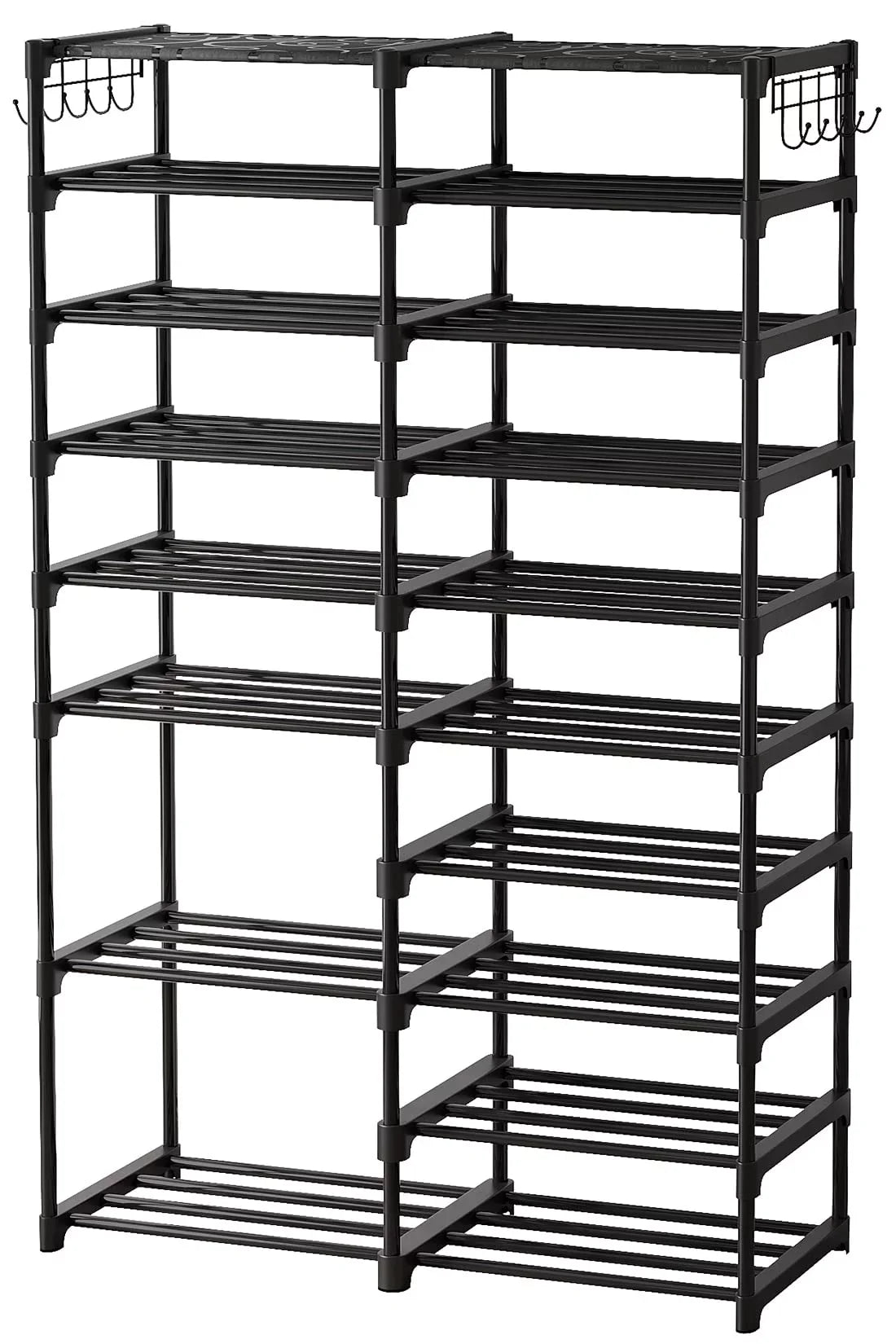 Fiuion Shoe Rack Organizer 9 Tiers Shoe Storage Shelf 32-40 Pairs Shoe Stand for Closet Boot Organizer with 2 Hooks Removable Dustproof Large Stackable Shoe Tower for Shoe Boot Storage, Black