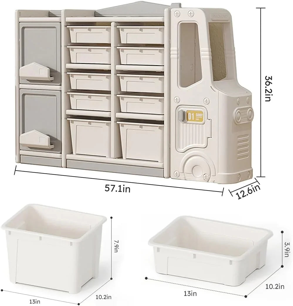 RUNFAYBIU Toy Organizer Multi-Functional Bookshelf and Toy Box Closed Cabinet and Pull-Out Drawer for Playroom Children's Bedroom and Nursery. (10 Organizer Boxes + 2 Organizer Cab